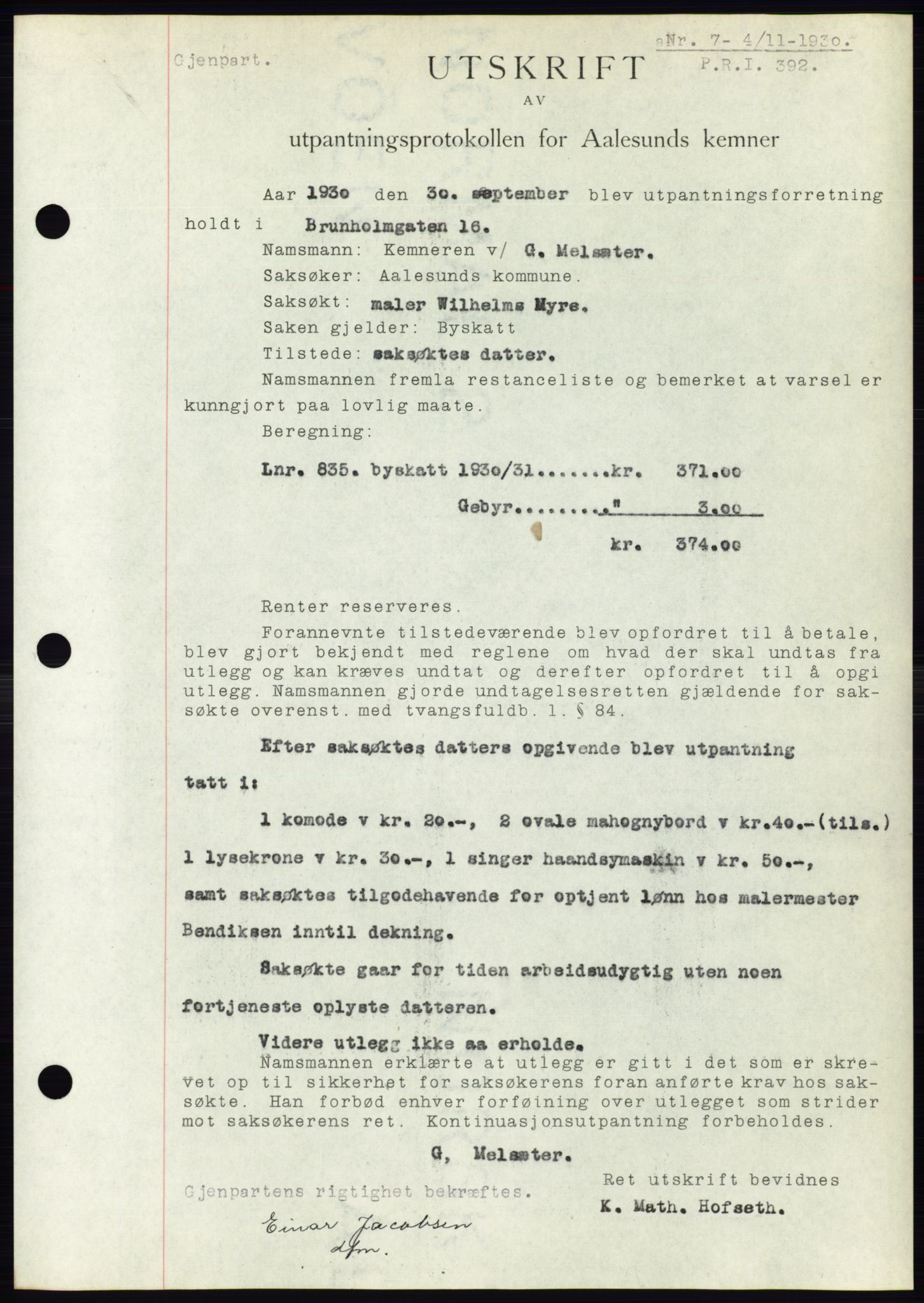 Ålesund byfogd, AV/SAT-A-4384: Mortgage book no. 26, 1930-1930, Deed date: 04.11.1930