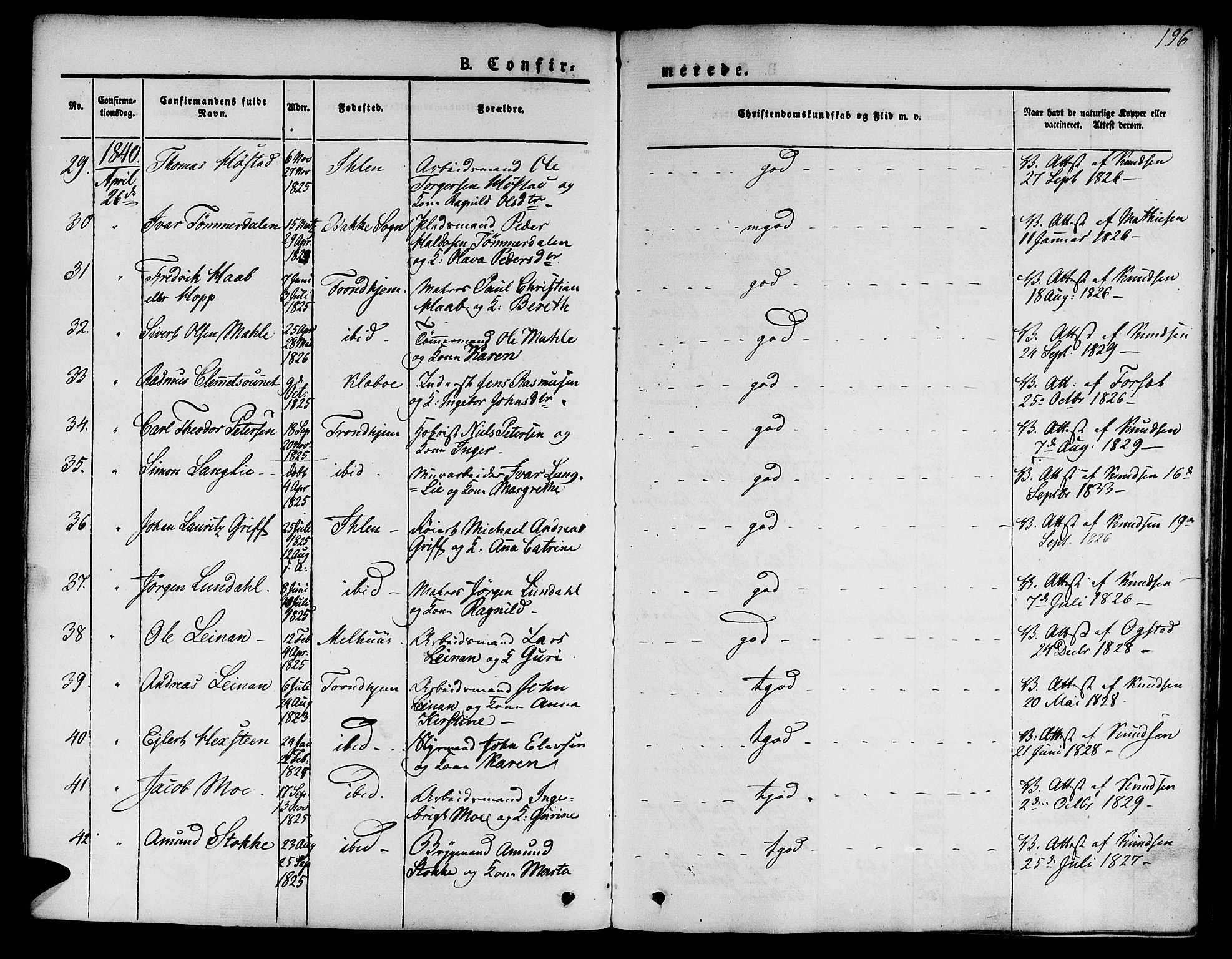 Ministerialprotokoller, klokkerbøker og fødselsregistre - Sør-Trøndelag, SAT/A-1456/601/L0048: Parish register (official) no. 601A16, 1840-1847, p. 196