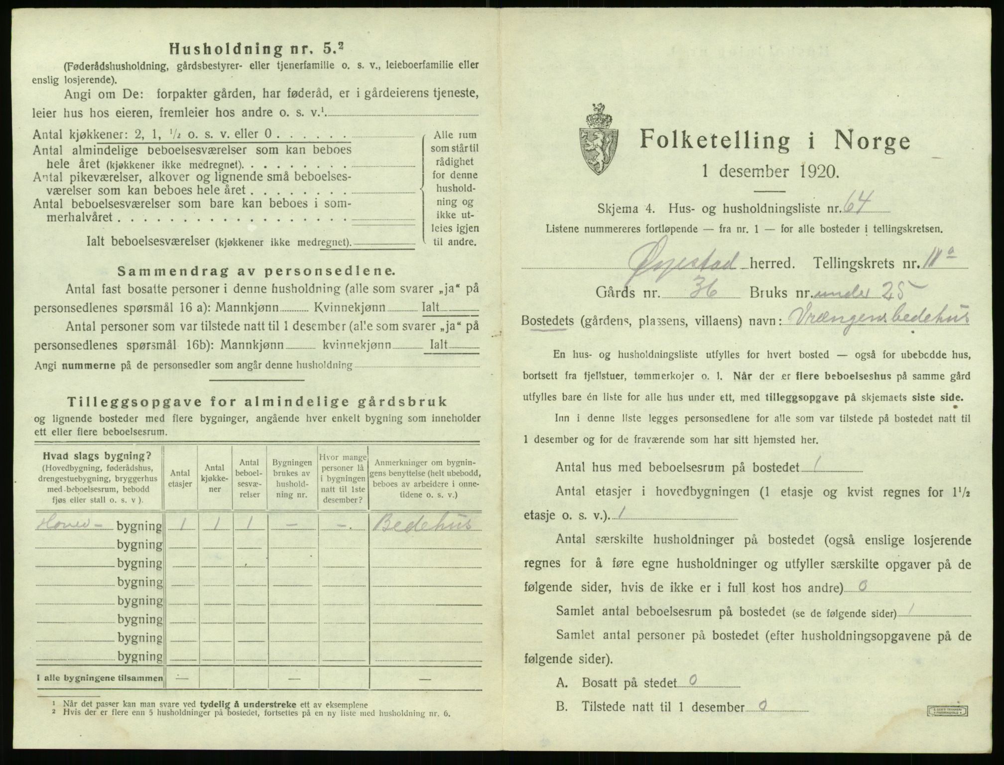 SAK, 1920 census for Øyestad, 1920, p. 1208