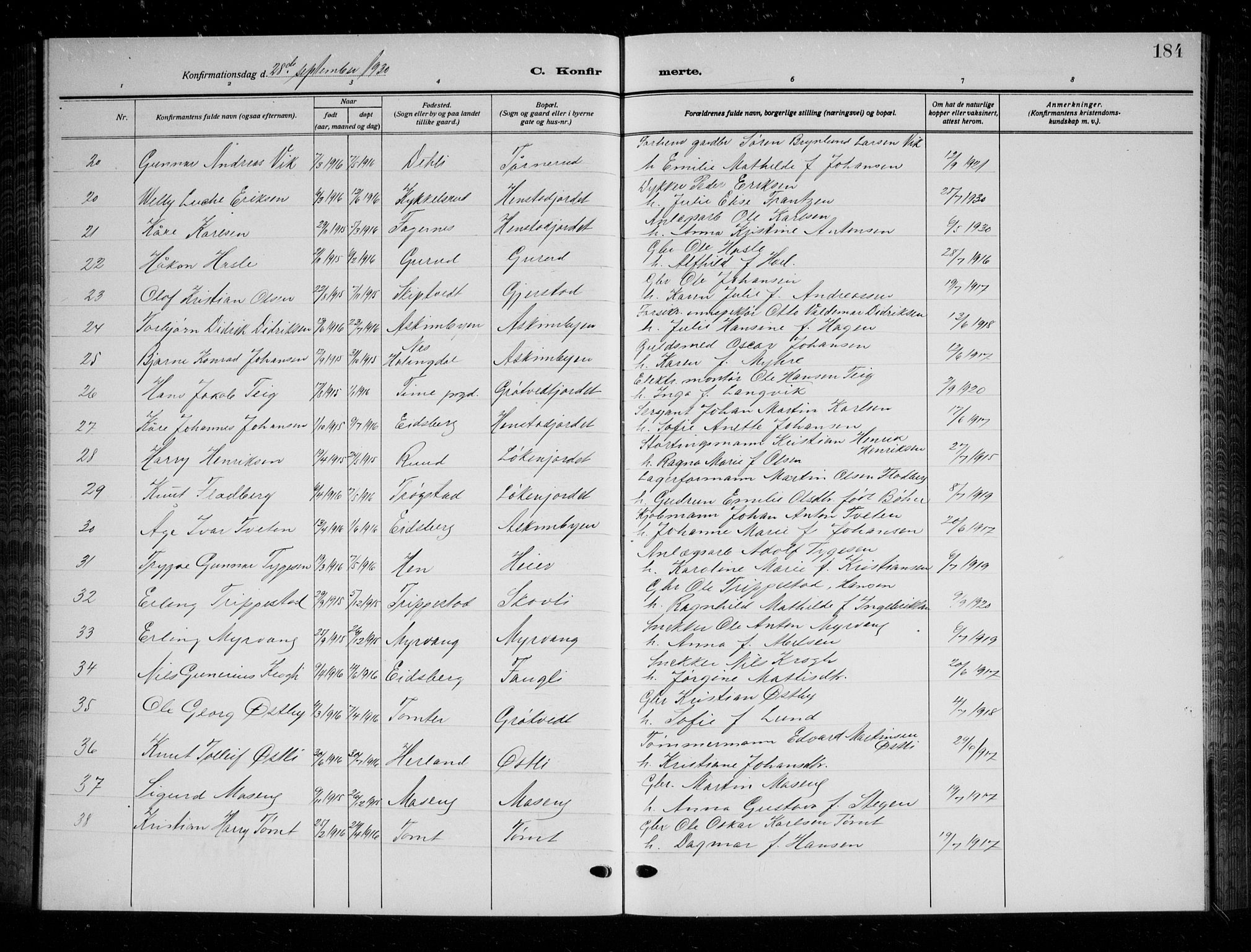 Askim prestekontor Kirkebøker, SAO/A-10900/G/Ga/L0003: Parish register (copy) no. 3, 1921-1937, p. 184