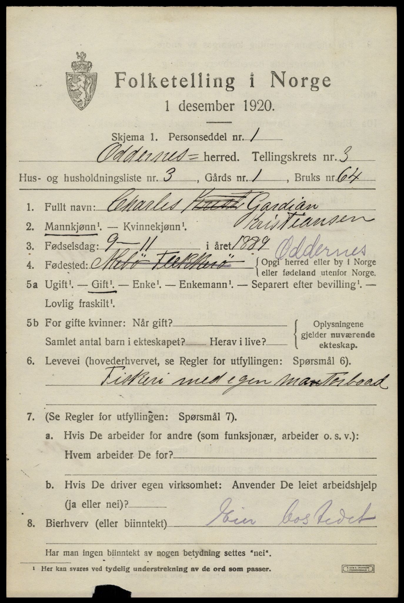 SAK, 1920 census for Oddernes, 1920, p. 3369