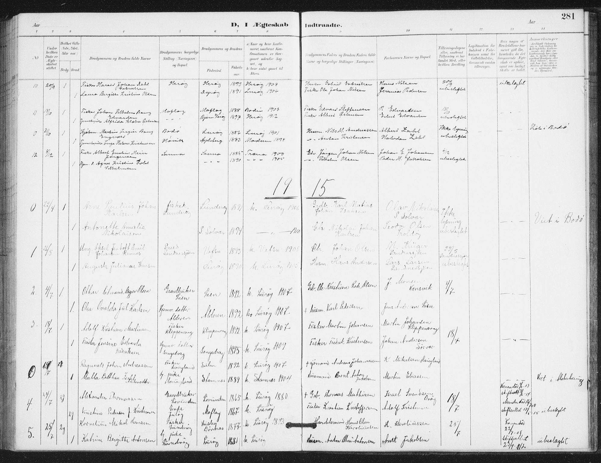 Ministerialprotokoller, klokkerbøker og fødselsregistre - Nordland, SAT/A-1459/839/L0573: Parish register (copy) no. 839C03, 1892-1917, p. 281