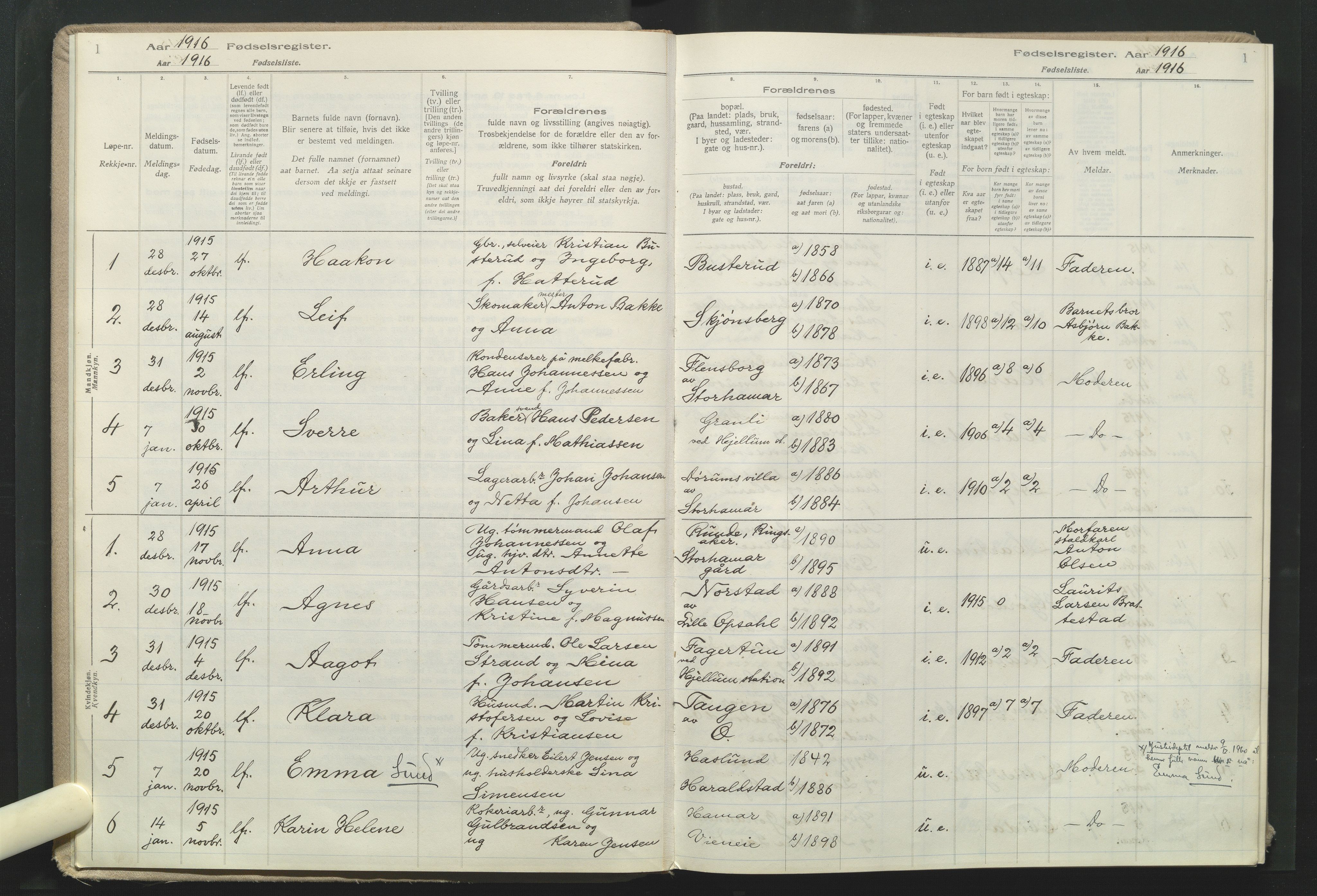 Vang prestekontor, Hedmark, AV/SAH-PREST-008/I/Id/L0001: Birth register no. 1, 1915-1923