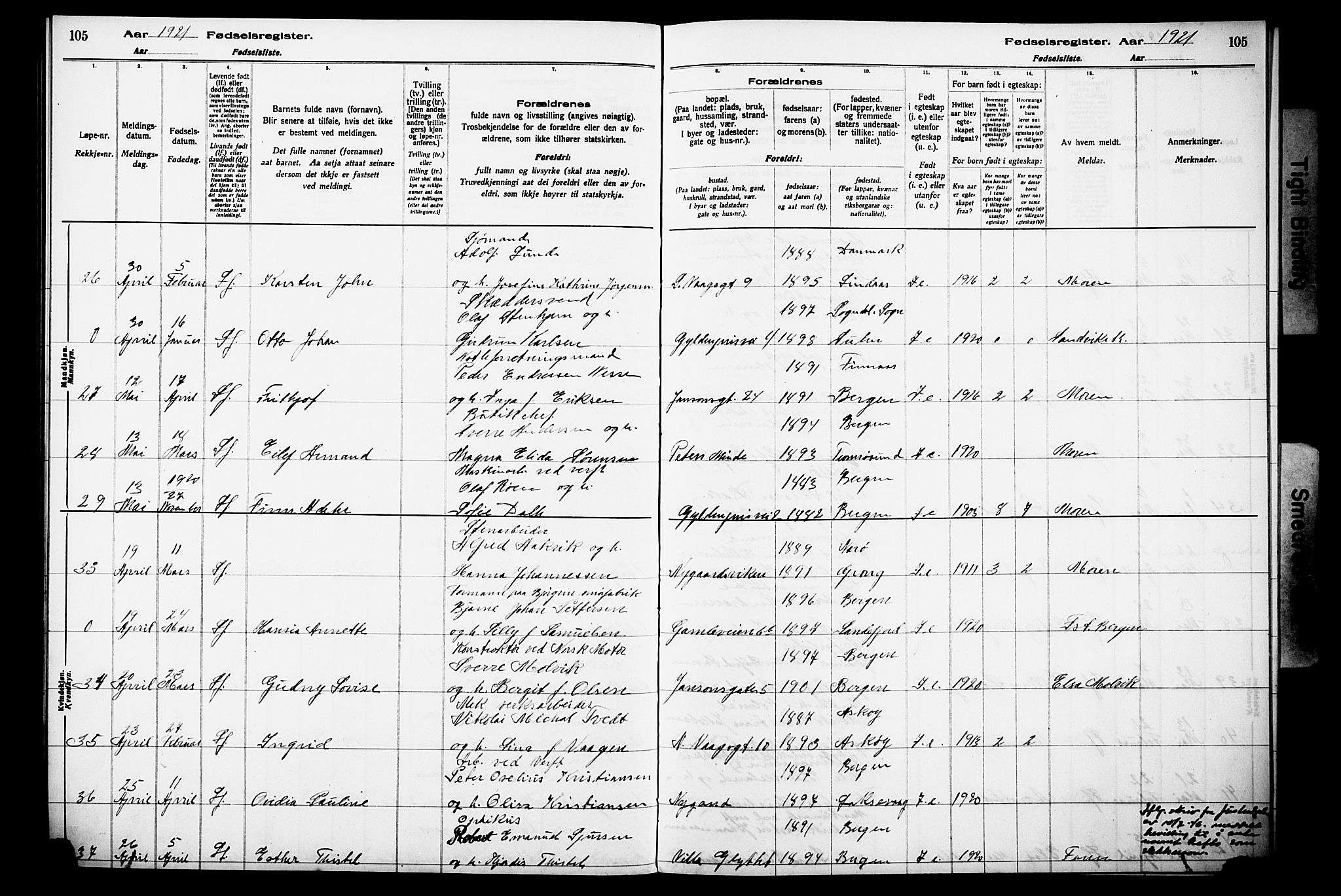 Laksevåg Sokneprestembete, AV/SAB-A-76501/I/Id/L00A1: Birth register no. A 1, 1916-1926, p. 105