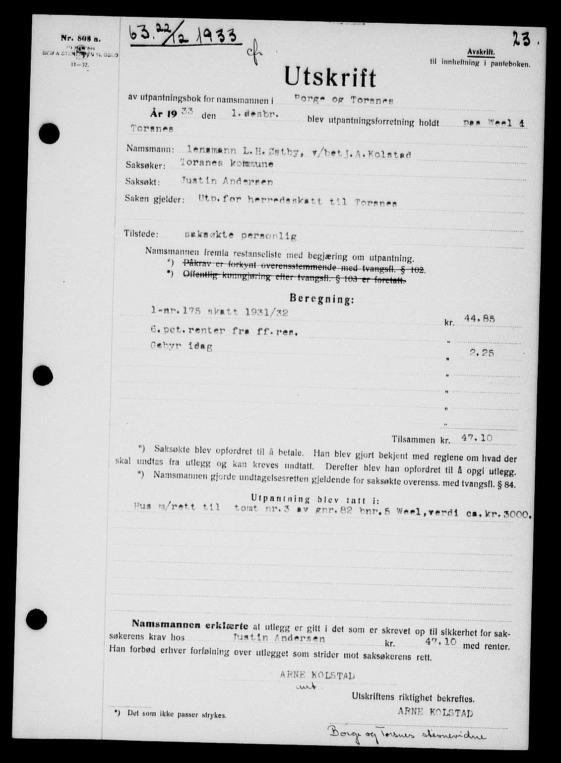 Tune sorenskriveri, AV/SAO-A-10470/G/Gb/Gbb/L0004: Mortgage book no. II 20-24, 1933-1935, Deed date: 22.12.1933