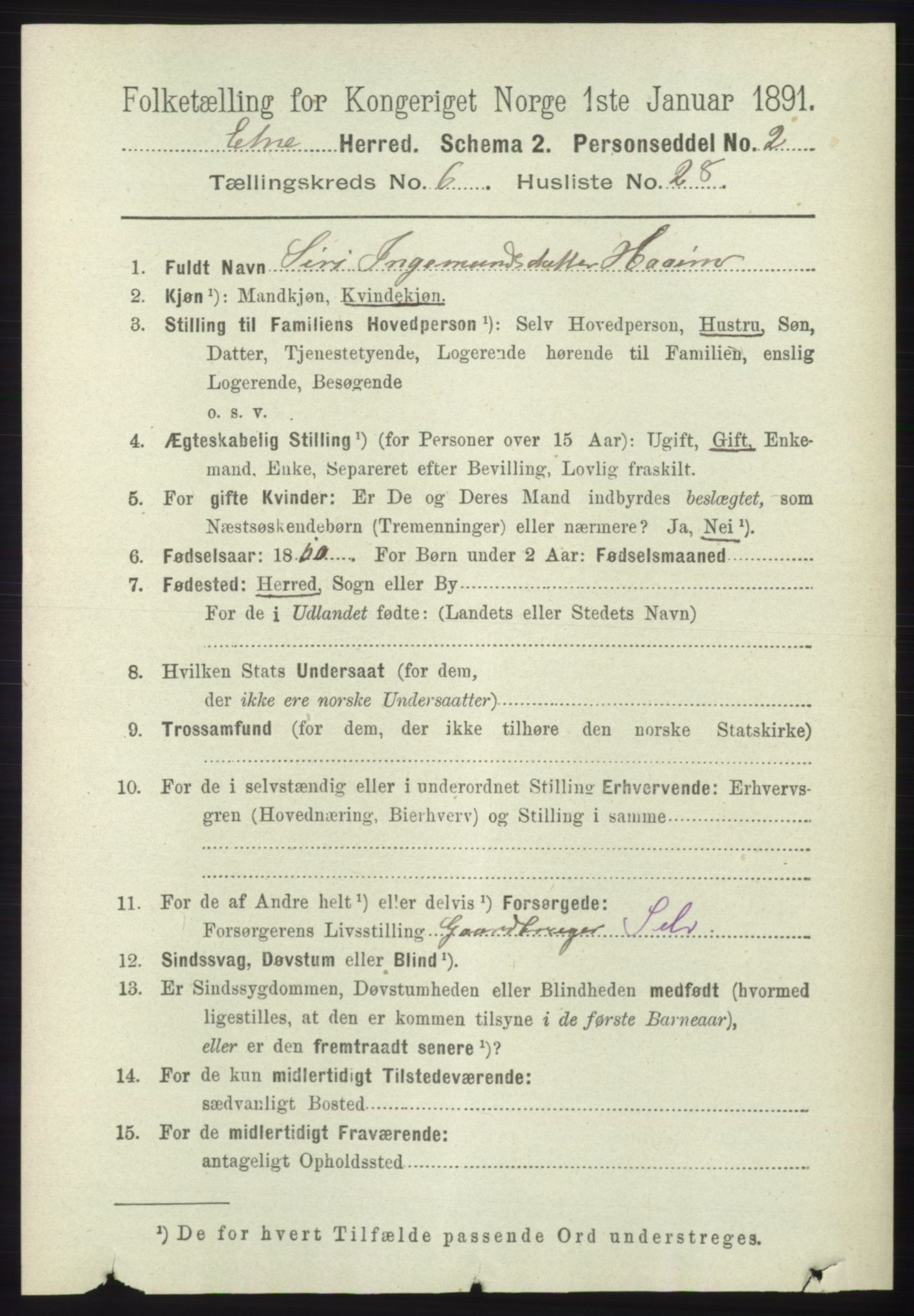 RA, 1891 census for 1211 Etne, 1891, p. 1345