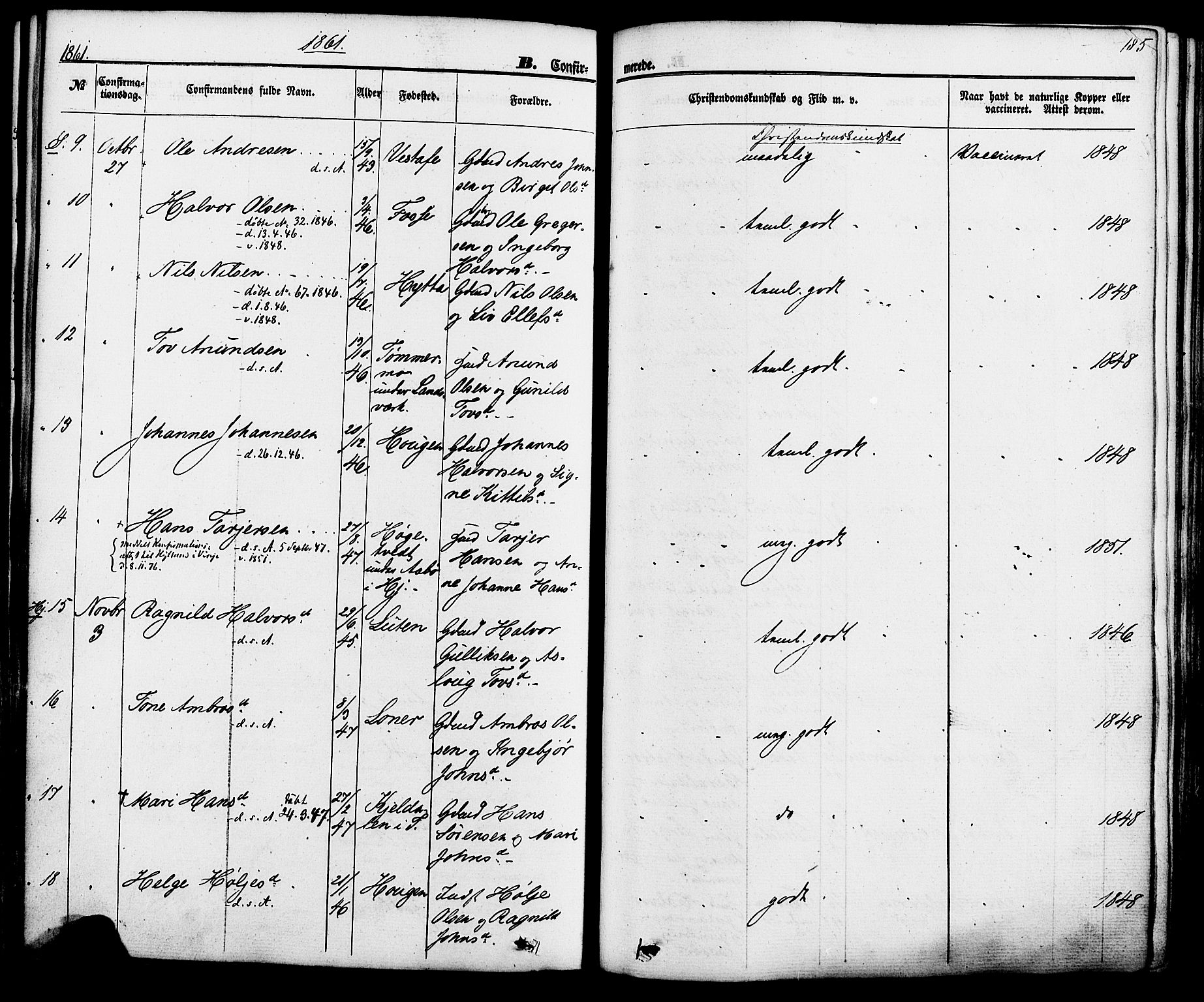 Hjartdal kirkebøker, SAKO/A-270/F/Fa/L0009: Parish register (official) no. I 9, 1860-1879, p. 185
