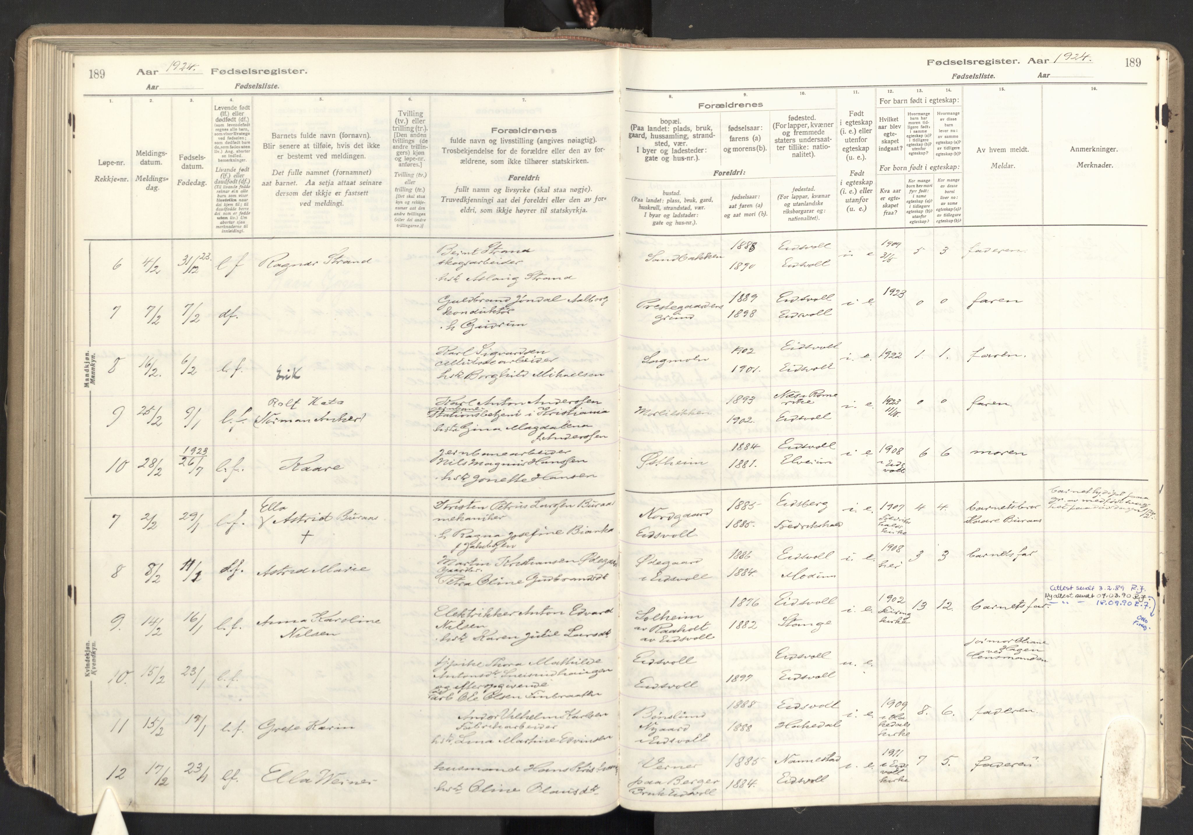 Eidsvoll prestekontor Kirkebøker, SAO/A-10888: Birth register no. I 1, 1916-1924, p. 189