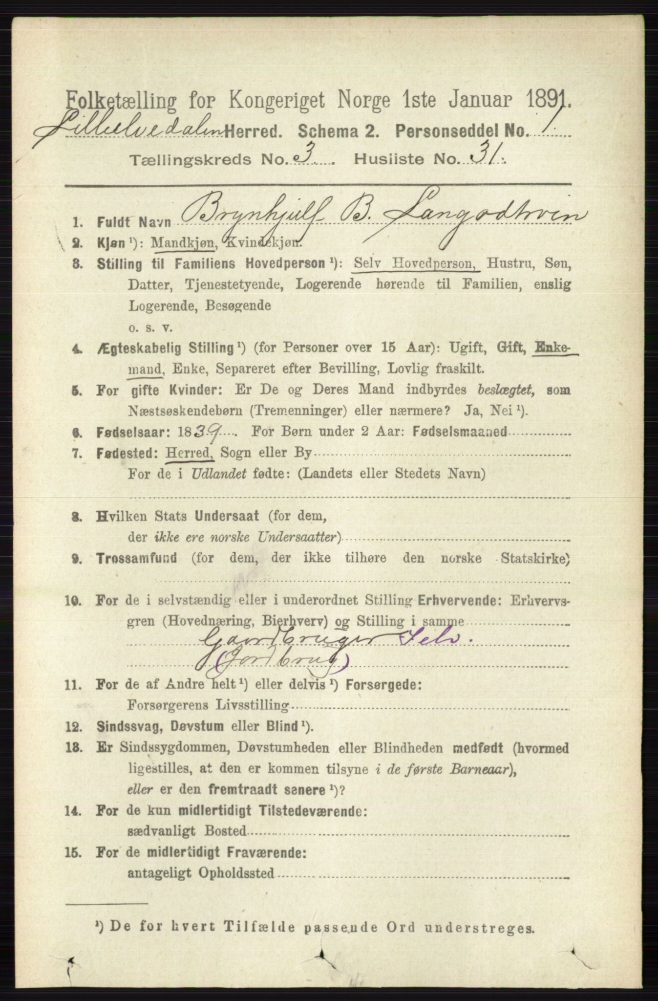 RA, 1891 census for 0438 Lille Elvedalen, 1891, p. 1287