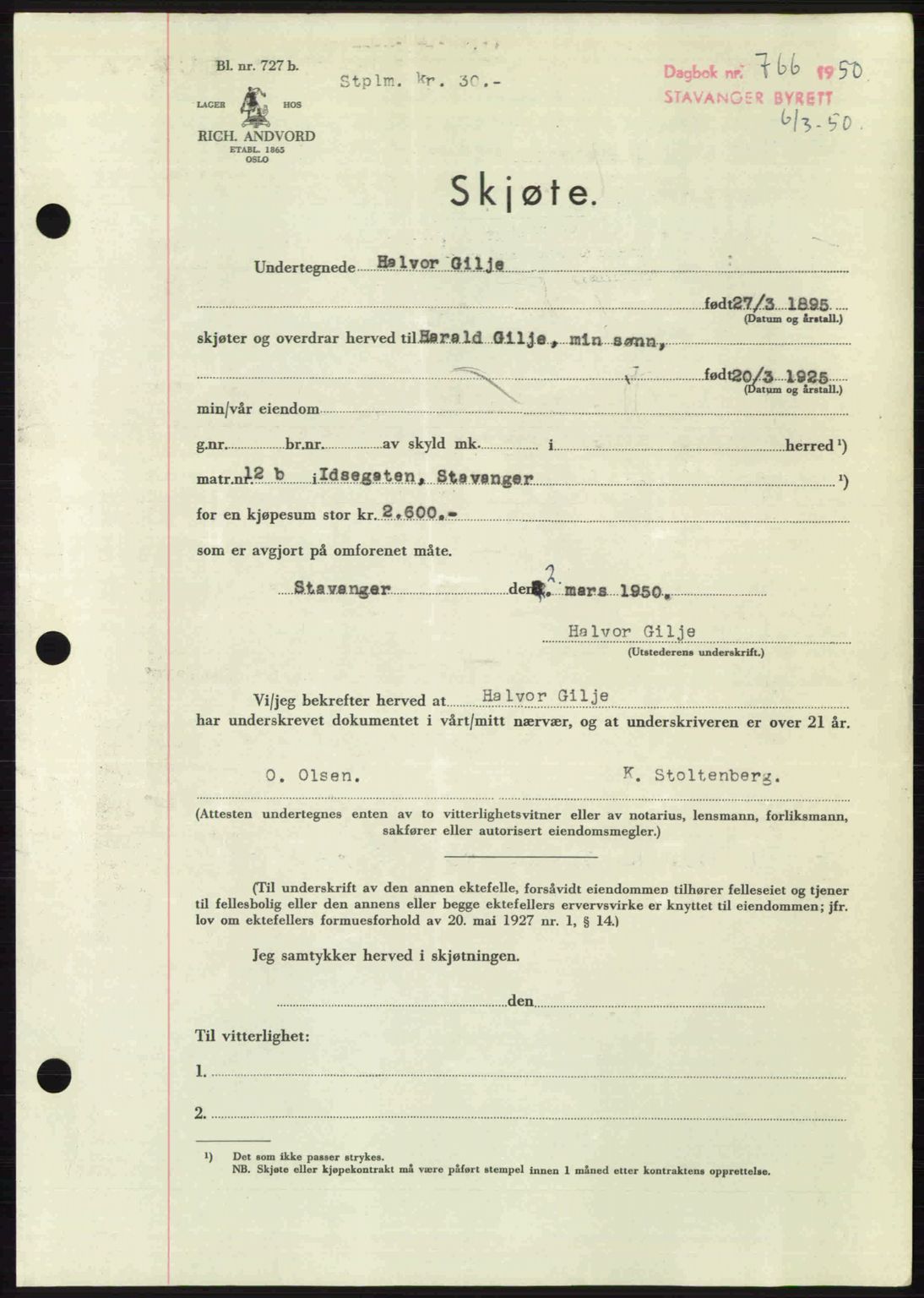 Stavanger byrett, SAST/A-100455/002/G/Gb/L0024: Mortgage book no. A13, 1949-1950, Diary no: : 766/1950