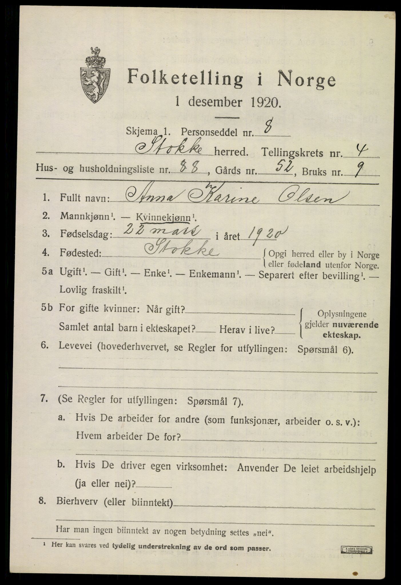 SAKO, 1920 census for Stokke, 1920, p. 6722