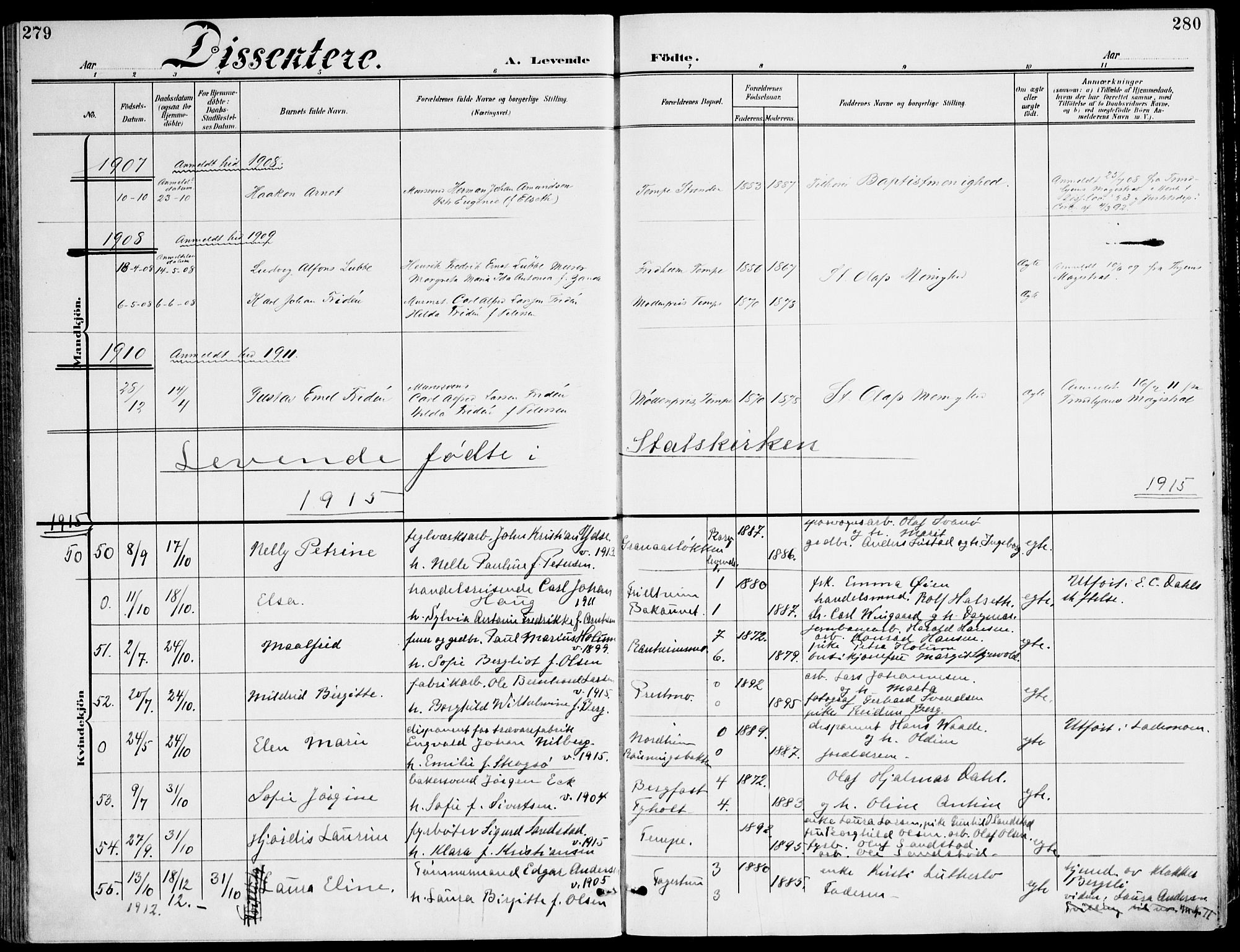 Ministerialprotokoller, klokkerbøker og fødselsregistre - Sør-Trøndelag, SAT/A-1456/607/L0320: Parish register (official) no. 607A04, 1907-1915, p. 279-280