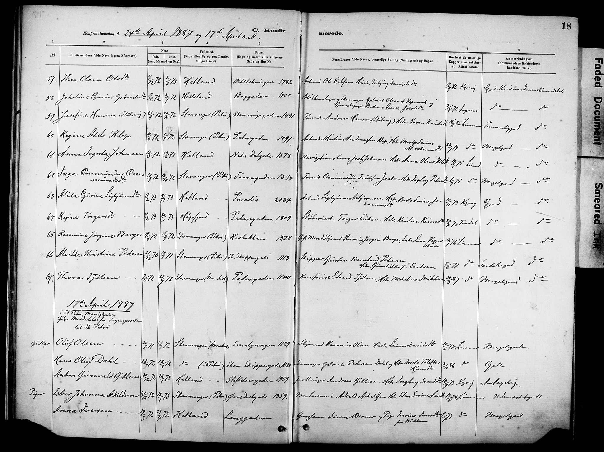 St. Johannes sokneprestkontor, SAST/A-101814/001/30/30BA/L0002: Parish register (official) no. A 2, 1885-1899, p. 18