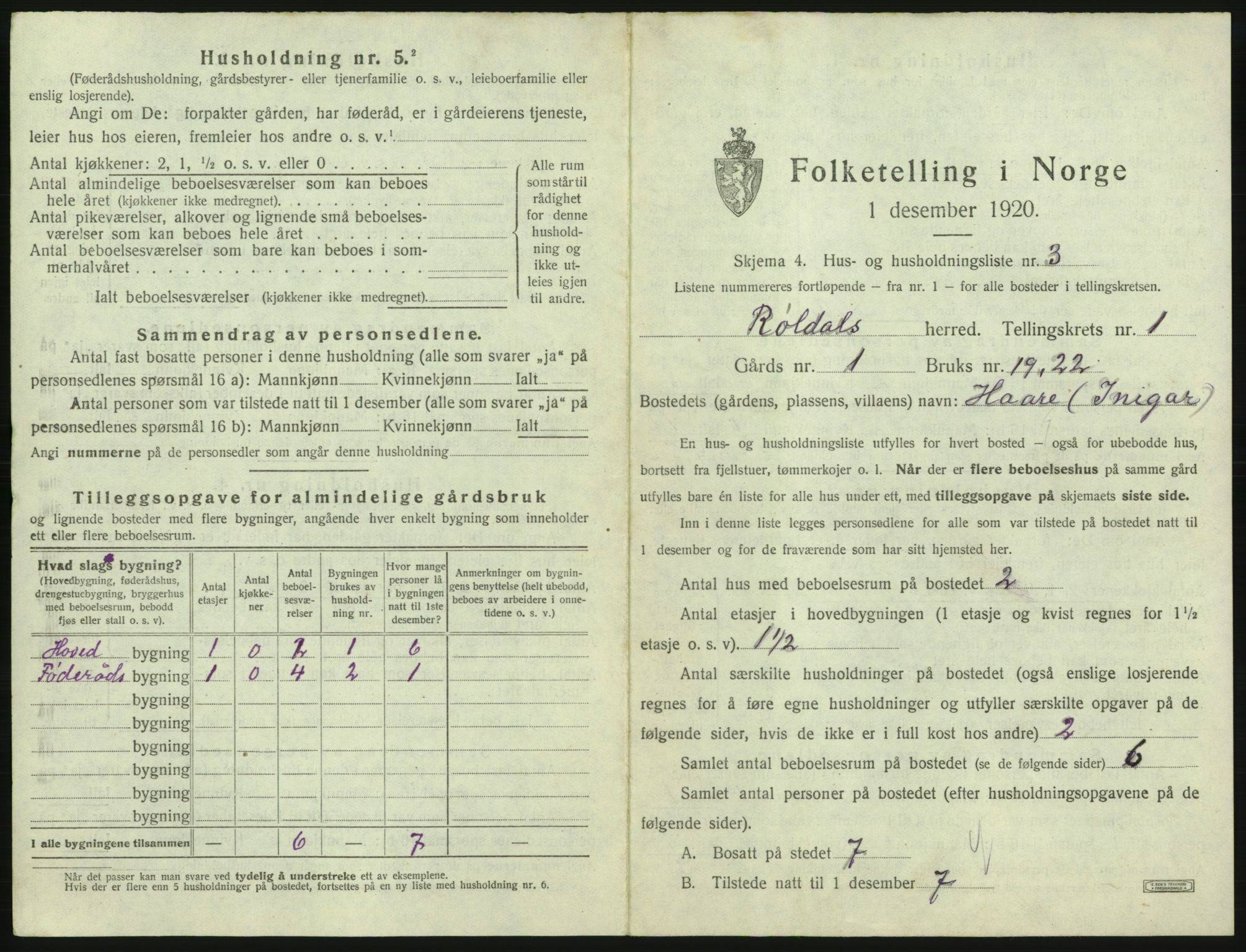 SAB, 1920 census for Røldal, 1920, p. 19