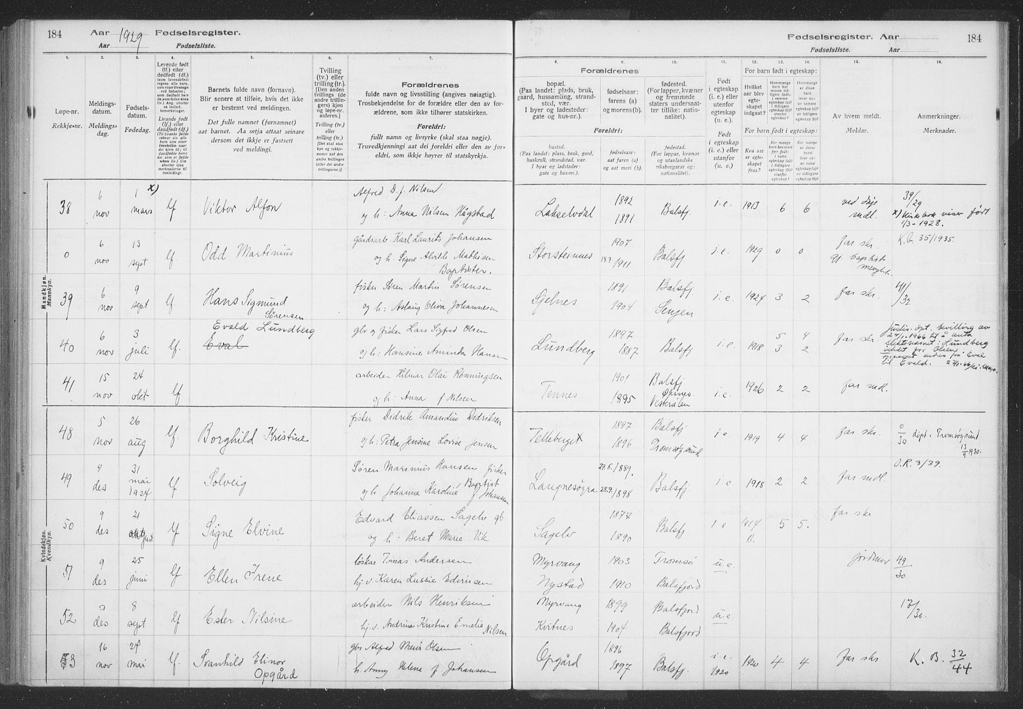 Balsfjord sokneprestembete, AV/SATØ-S-1303/H/Hb/L0059: Birth register no. 59, 1916-1930, p. 184