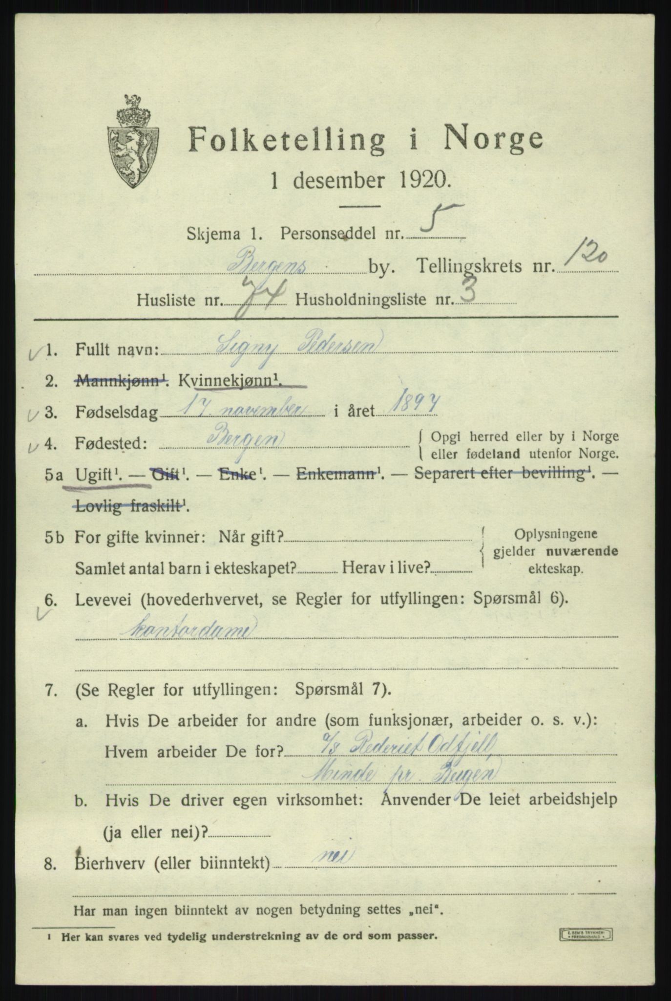 SAB, 1920 census for Bergen, 1920, p. 202727