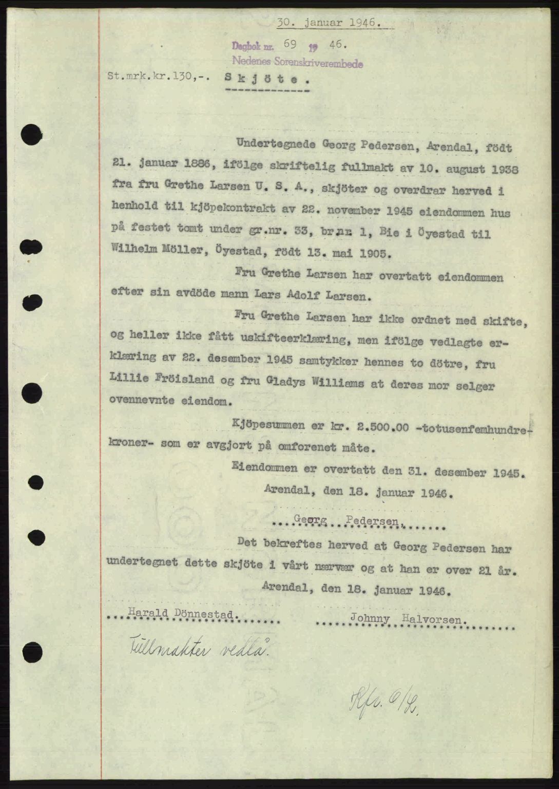 Nedenes sorenskriveri, SAK/1221-0006/G/Gb/Gba/L0054: Mortgage book no. A6c, 1946-1946, Diary no: : 69/1946