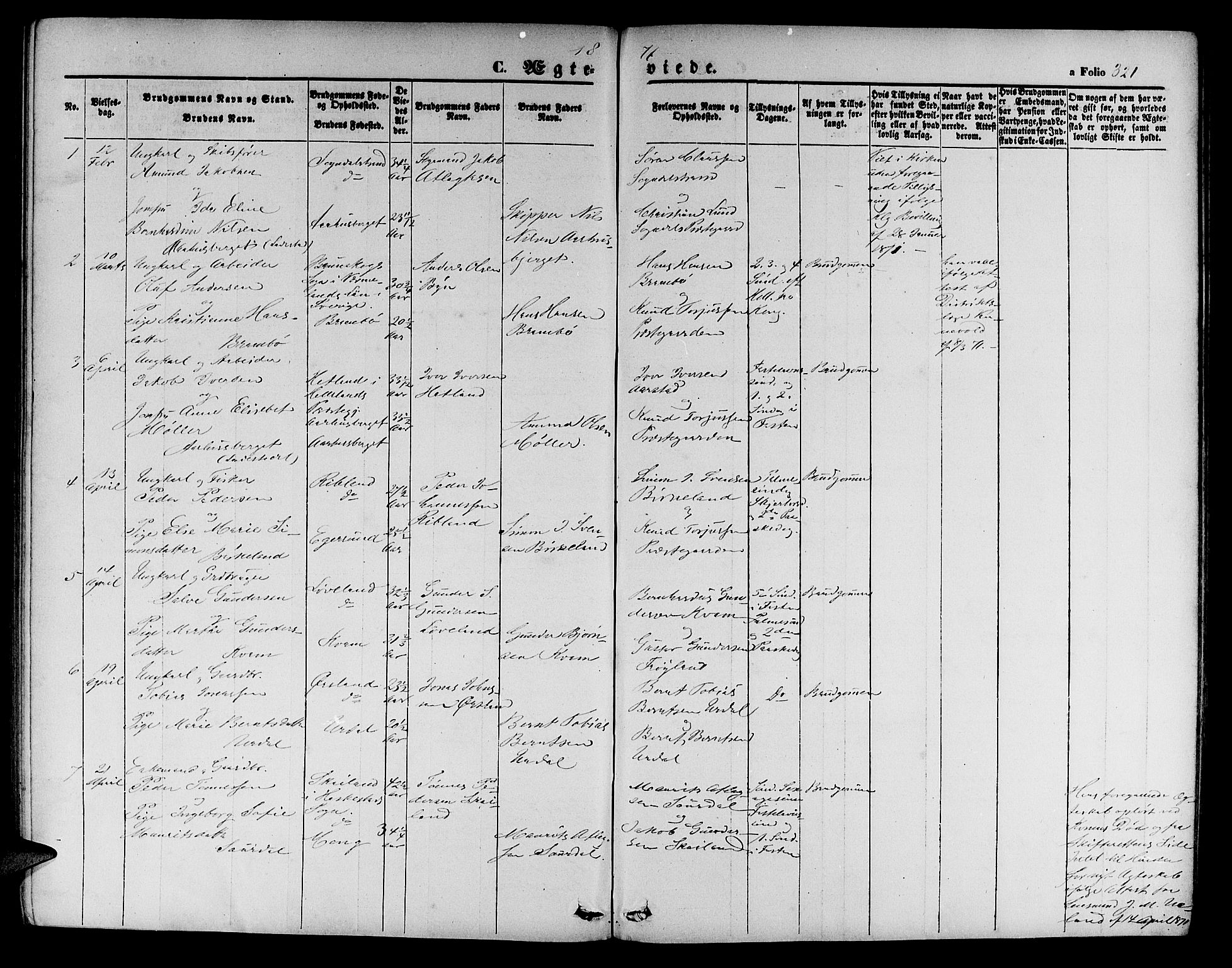 Sokndal sokneprestkontor, SAST/A-101808: Parish register (copy) no. B 3, 1865-1879, p. 321