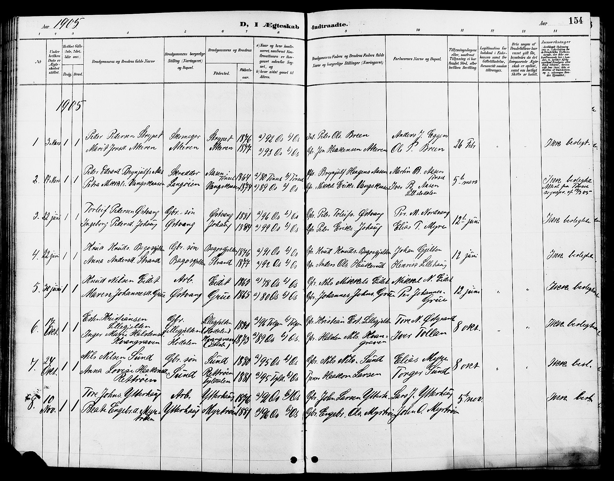 Tolga prestekontor, AV/SAH-PREST-062/L/L0008: Parish register (copy) no. 8, 1887-1912, p. 154