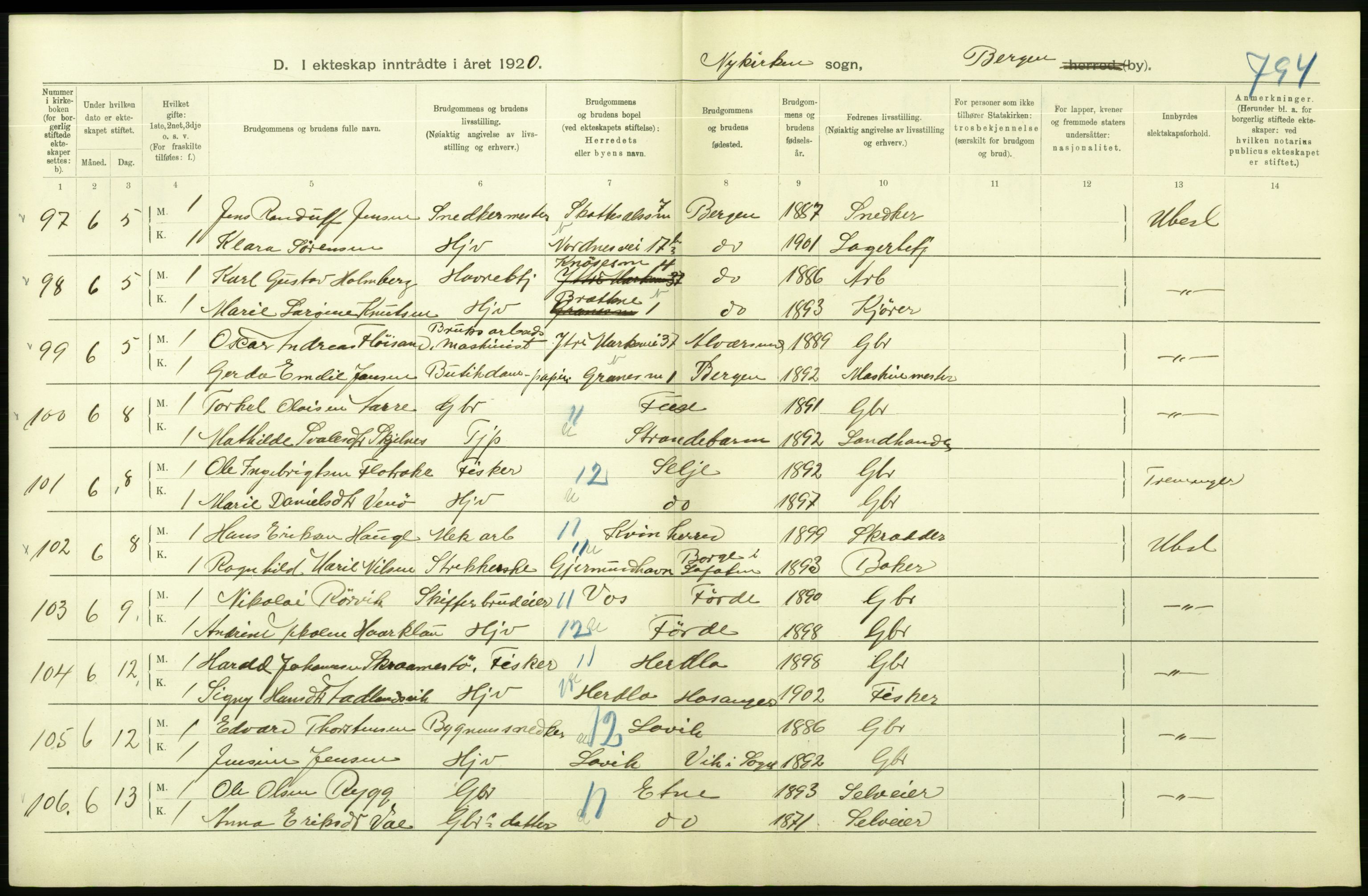 Statistisk sentralbyrå, Sosiodemografiske emner, Befolkning, AV/RA-S-2228/D/Df/Dfb/Dfbj/L0042: Bergen: Gifte, døde, dødfødte., 1920, p. 132