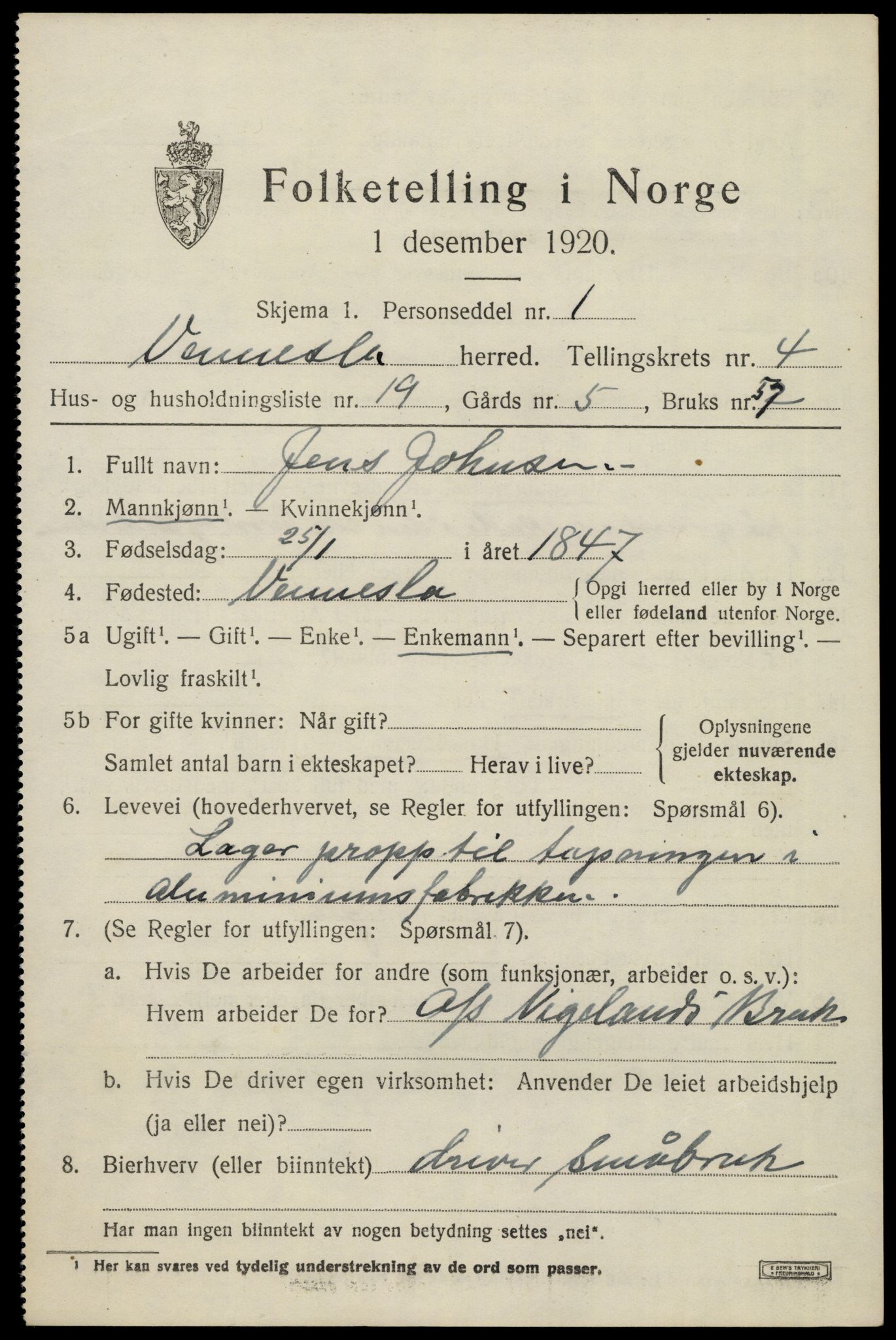 SAK, 1920 census for Vennesla, 1920, p. 3082