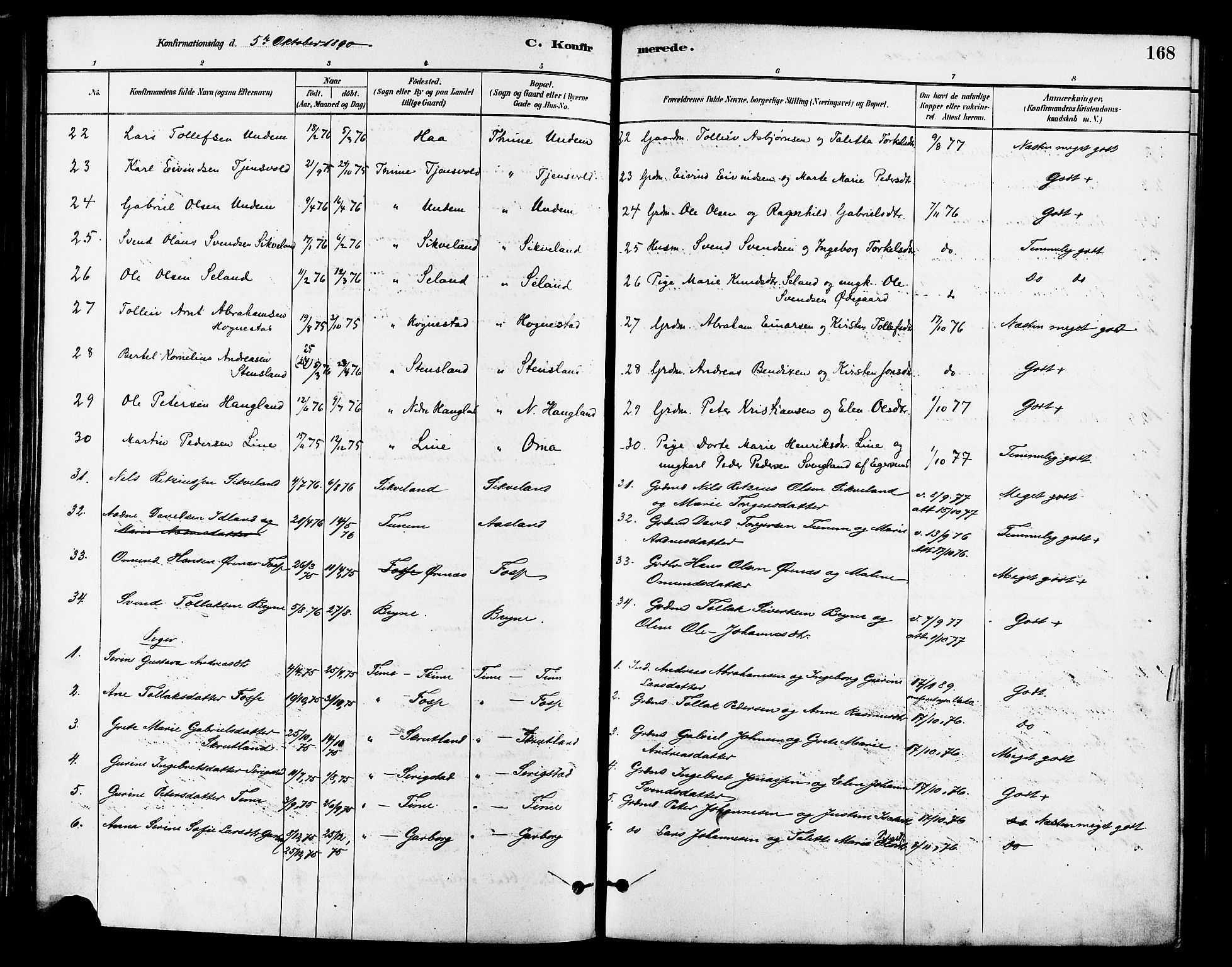 Lye sokneprestkontor, AV/SAST-A-101794/001/30BA/L0009: Parish register (official) no. A 8, 1881-1892, p. 168