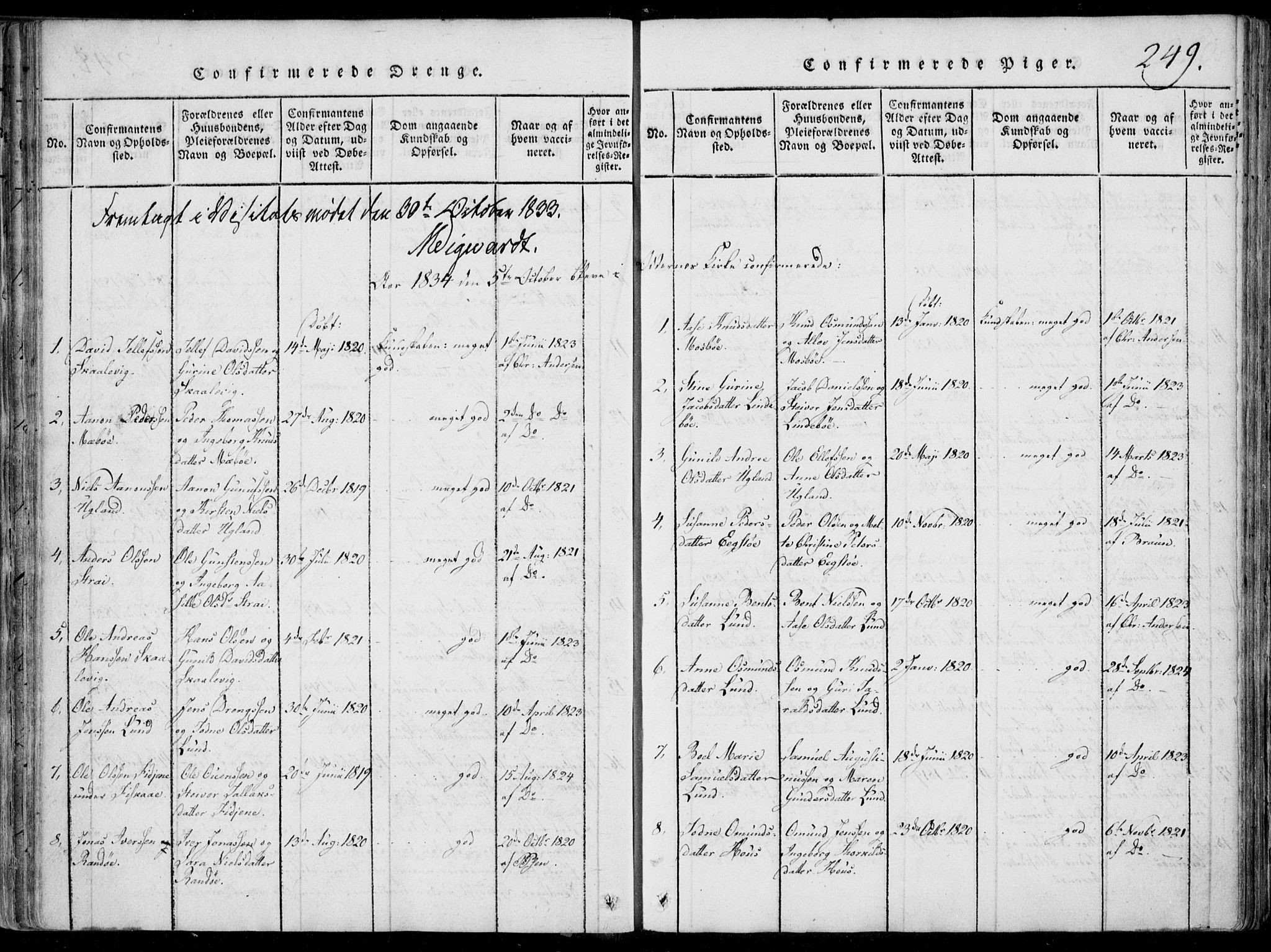 Oddernes sokneprestkontor, SAK/1111-0033/F/Fa/Faa/L0005: Parish register (official) no. A 5, 1820-1838, p. 249