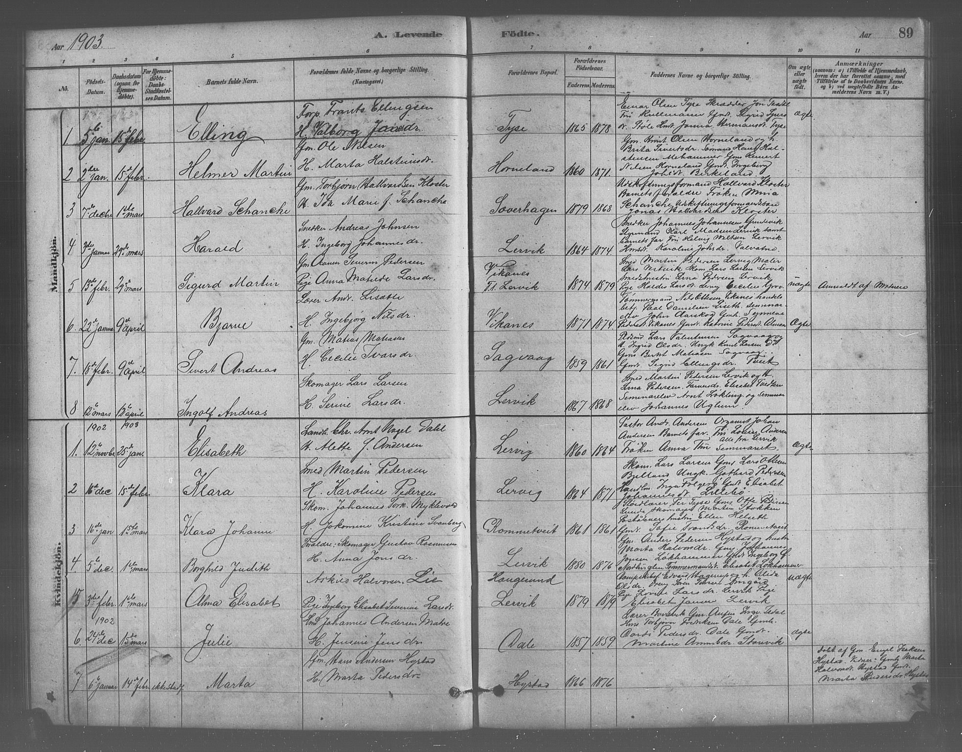 Stord sokneprestembete, SAB/A-78201/H/Hab: Parish register (copy) no. A 2, 1879-1909, p. 89