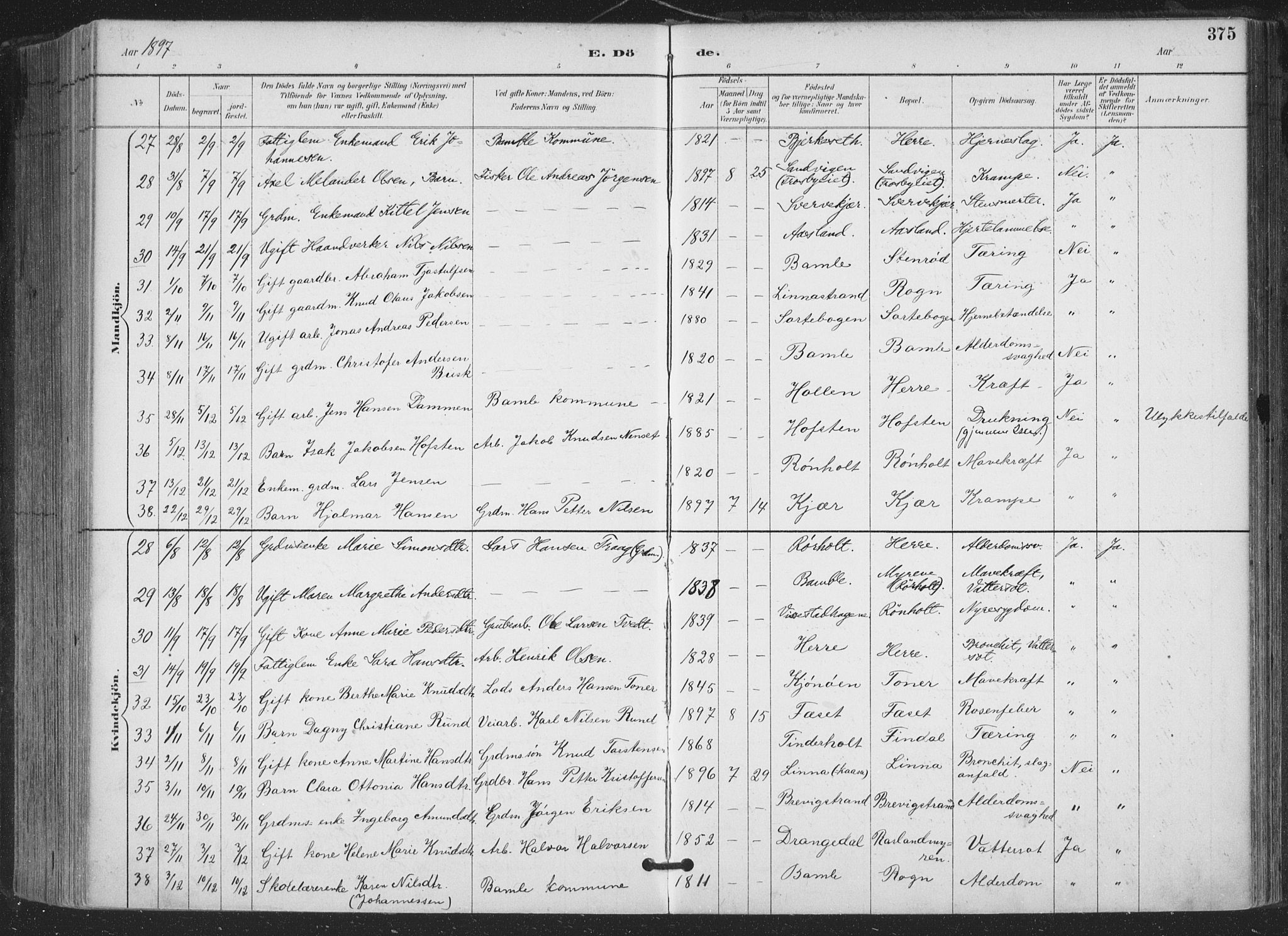 Bamble kirkebøker, AV/SAKO-A-253/F/Fa/L0008: Parish register (official) no. I 8, 1888-1900, p. 375