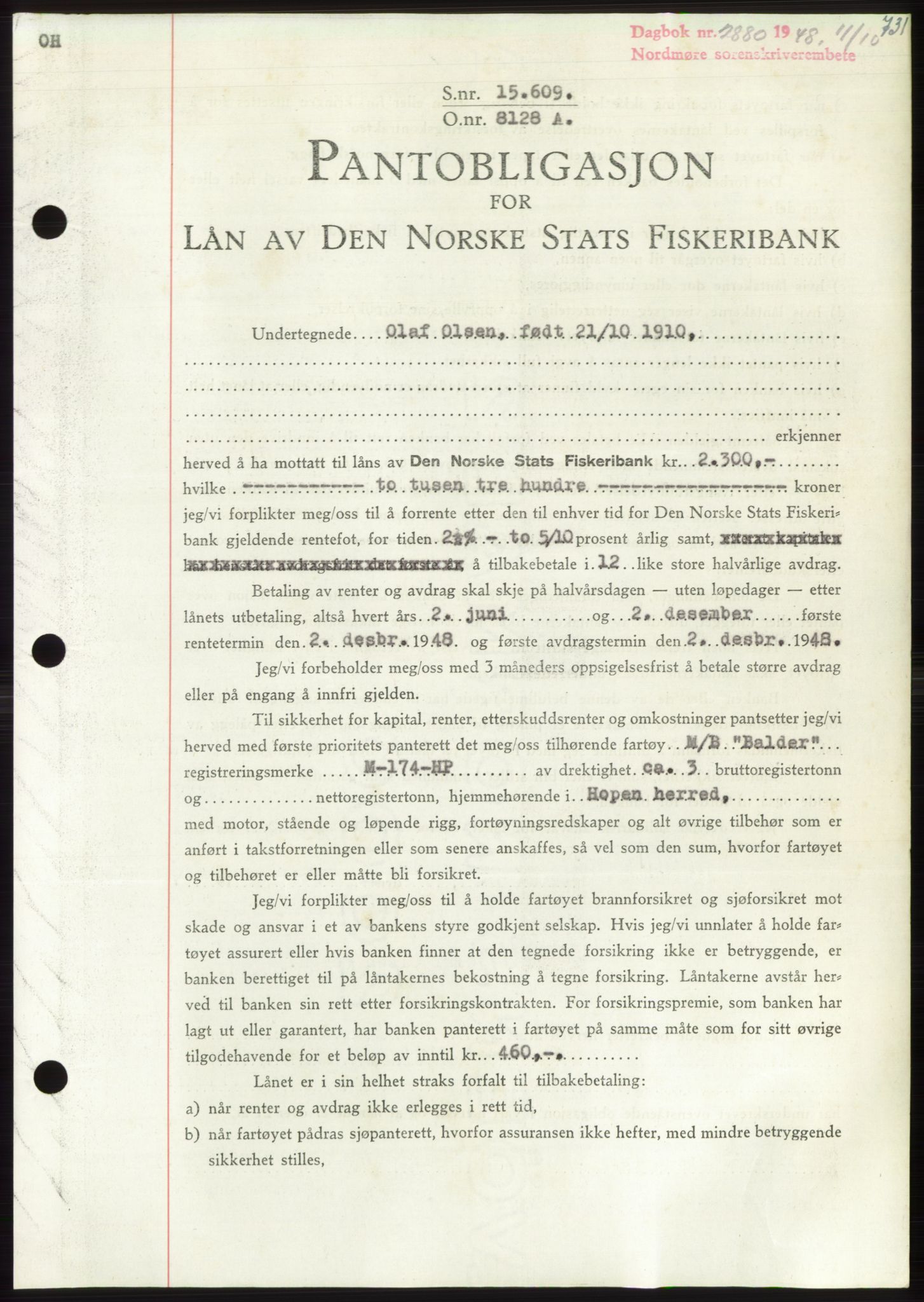 Nordmøre sorenskriveri, AV/SAT-A-4132/1/2/2Ca: Mortgage book no. B99, 1948-1948, Diary no: : 2880/1948