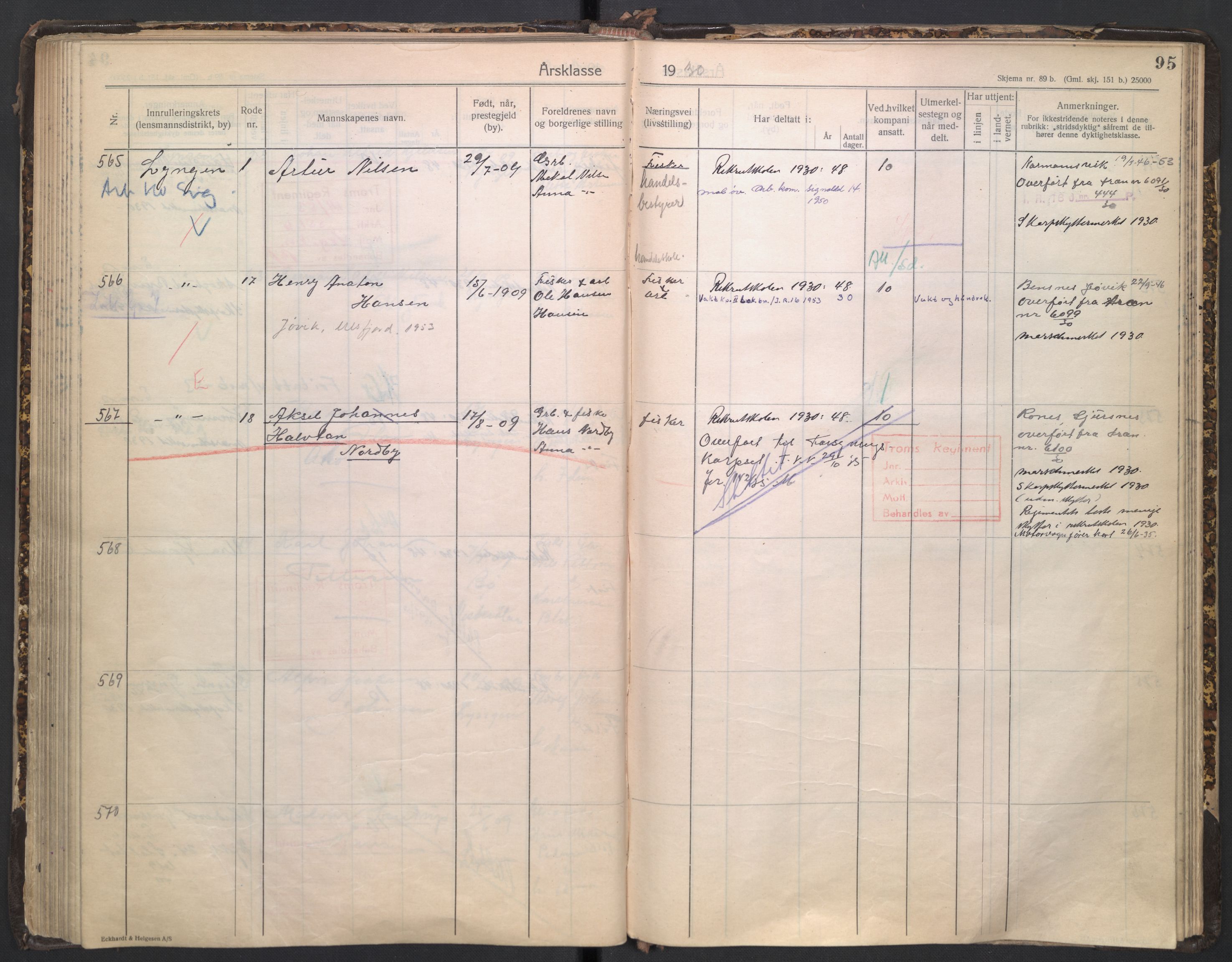 Forsvaret, Troms infanteriregiment nr. 16, AV/RA-RAFA-3146/P/Pa/L0005/0003: Ruller / Rulle for regimentets stridende menige mannskaper, årsklasse 1930, 1930, p. 95