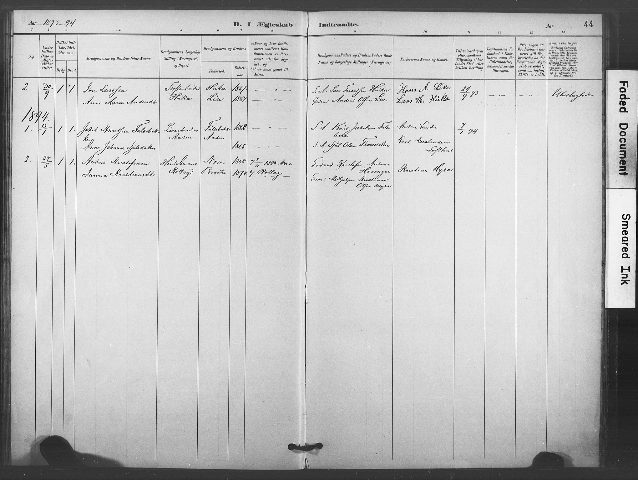 Kongsberg kirkebøker, SAKO/A-22/F/Fc/L0001: Parish register (official) no. III 1, 1883-1897, p. 44