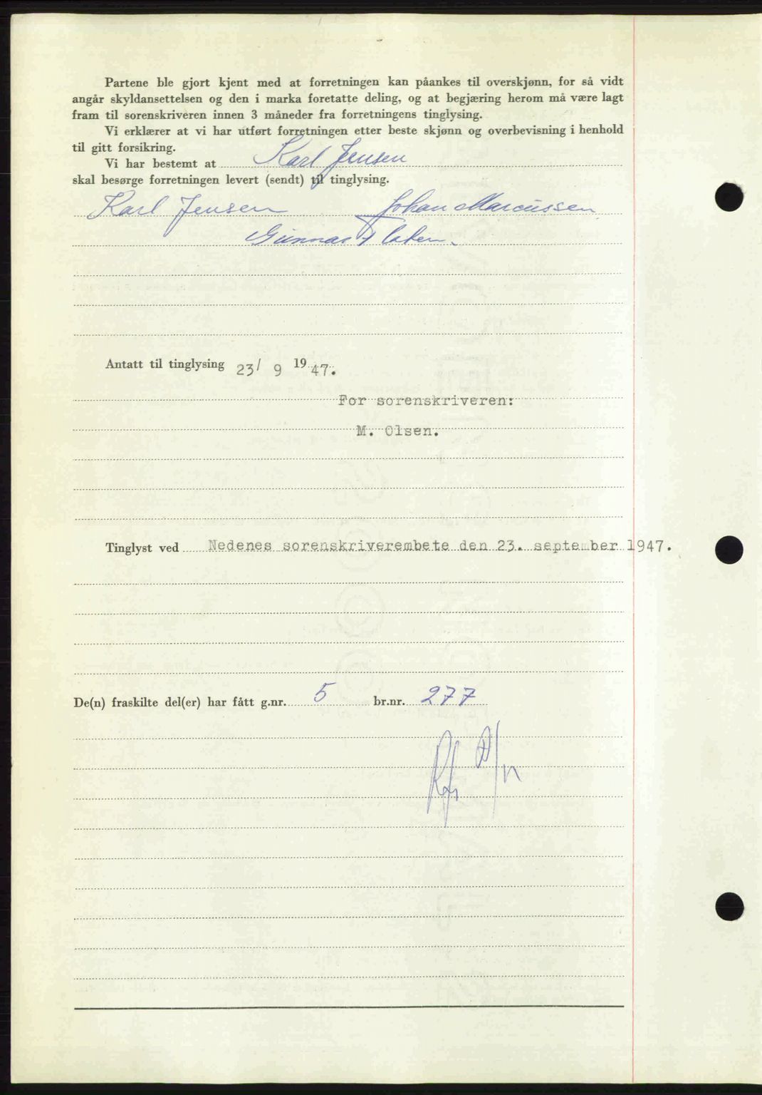 Nedenes sorenskriveri, AV/SAK-1221-0006/G/Gb/Gba/L0058: Mortgage book no. A10, 1947-1948, Diary no: : 1377/1947