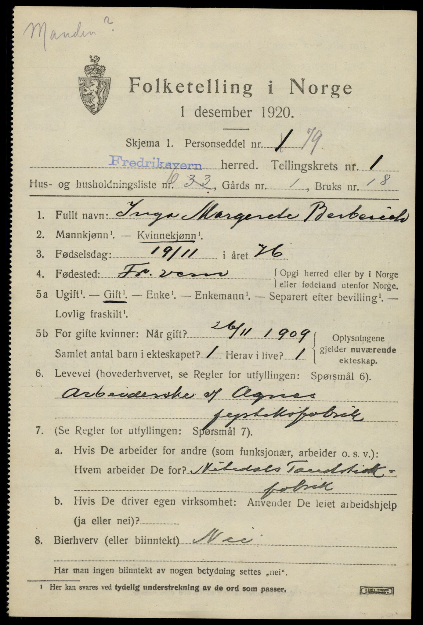 SAKO, 1920 census for Fredriksvern, 1920, p. 607