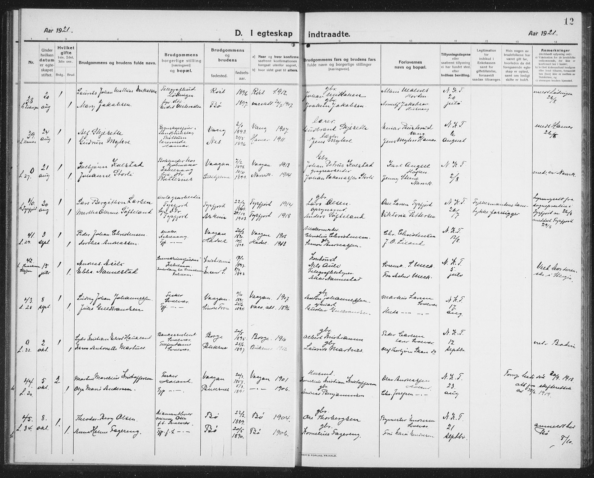 Ministerialprotokoller, klokkerbøker og fødselsregistre - Nordland, AV/SAT-A-1459/874/L1082: Parish register (copy) no. 874C11, 1920-1939, p. 12