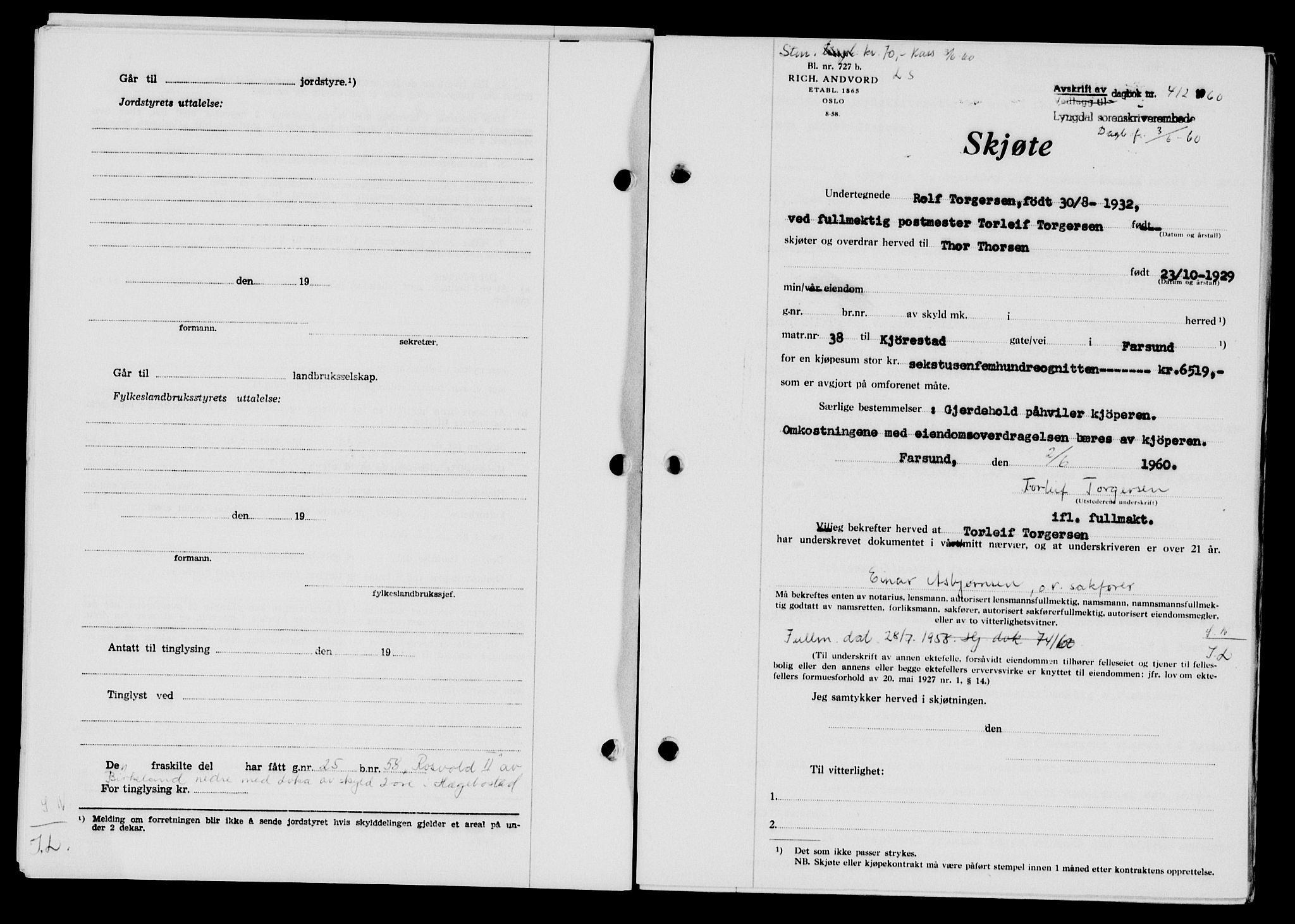 Lyngdal sorenskriveri, AV/SAK-1221-0004/G/Gb/L0679: Mortgage book no. A XXV, 1959-1960, Diary no: : 412/1960