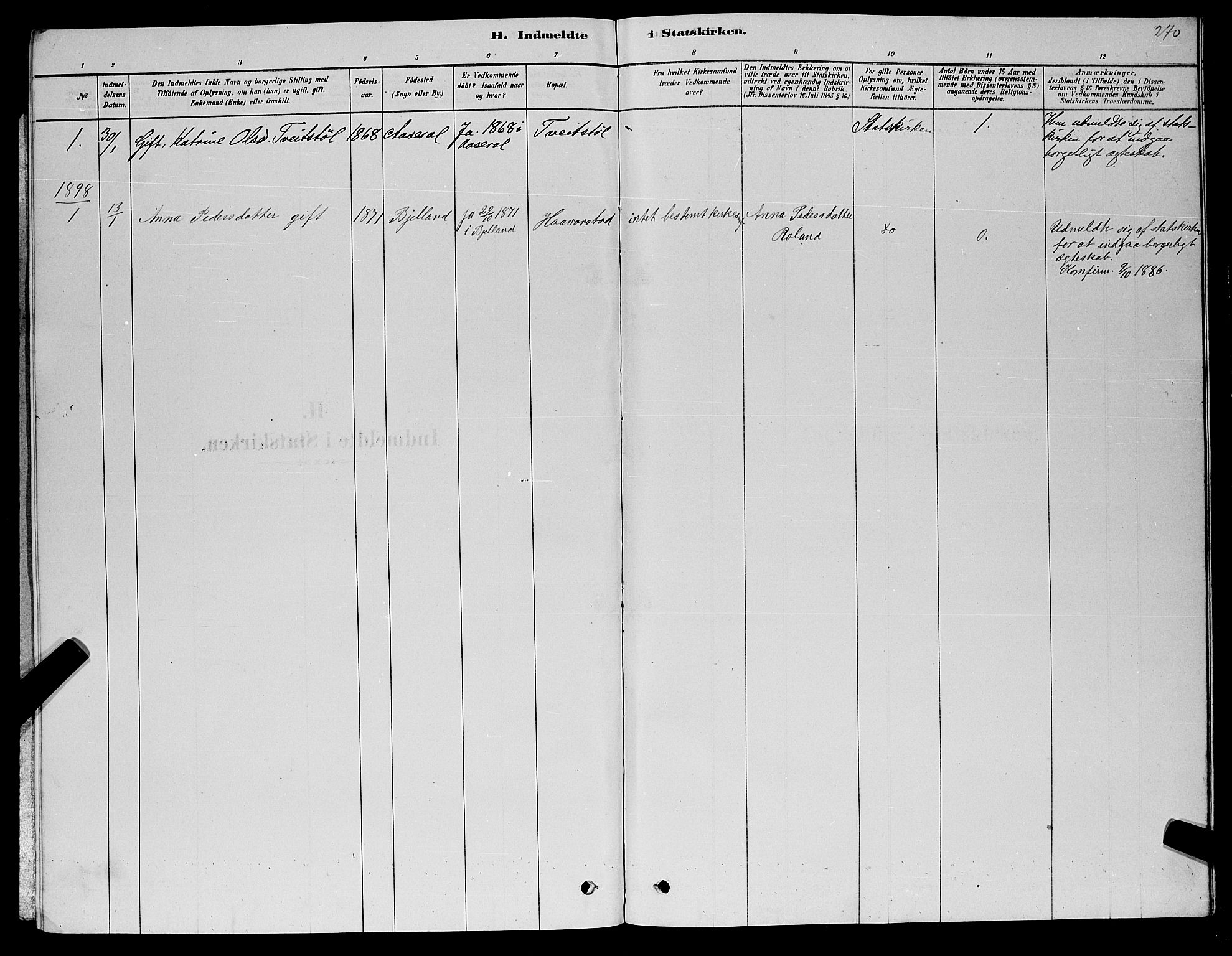 Åseral sokneprestkontor, AV/SAK-1111-0051/F/Fb/L0002: Parish register (copy) no. B 2, 1878-1899, p. 270