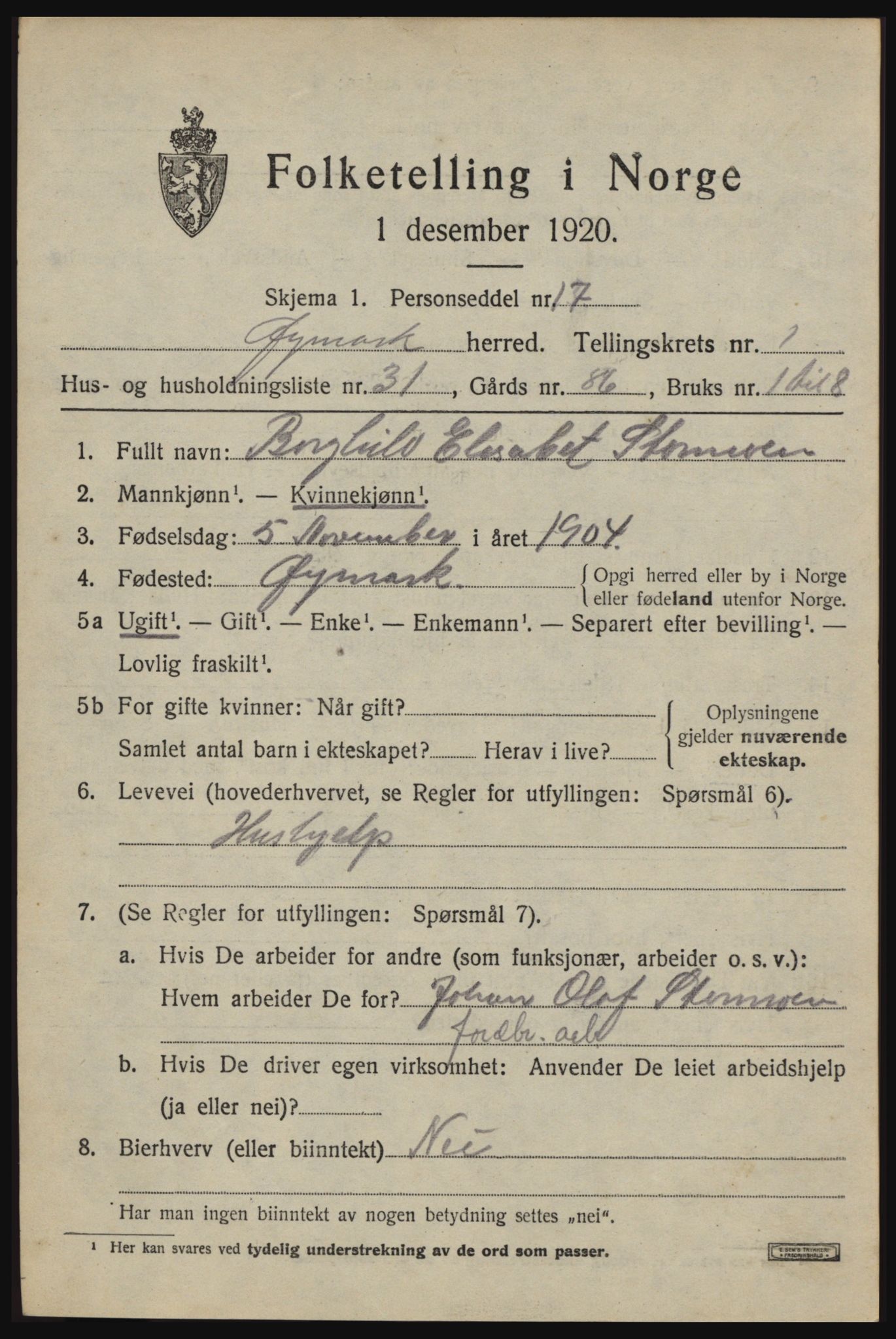 SAO, 1920 census for Øymark, 1920, p. 1133