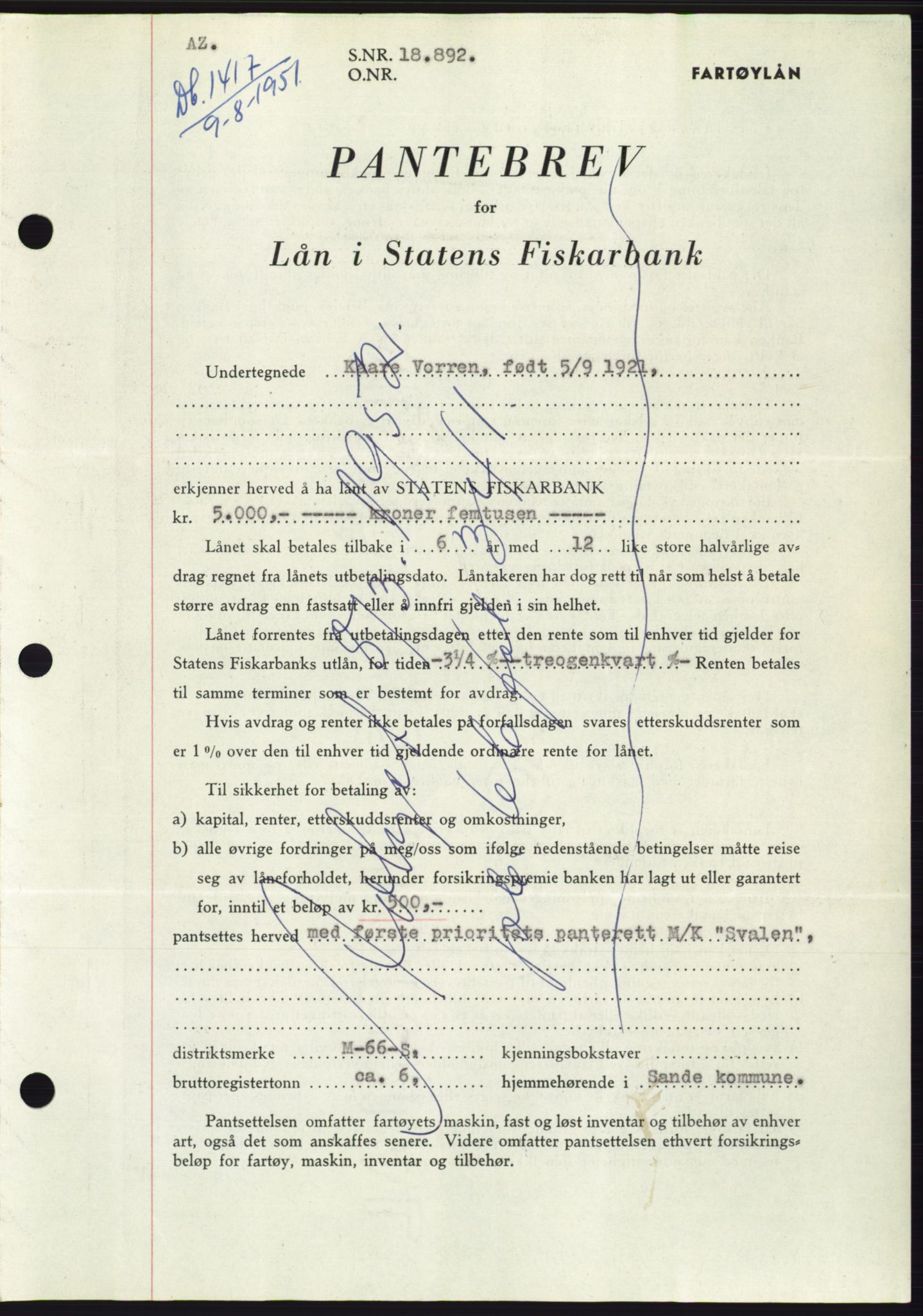 Søre Sunnmøre sorenskriveri, AV/SAT-A-4122/1/2/2C/L0120: Mortgage book no. 8B, 1951-1951, Diary no: : 1417/1951