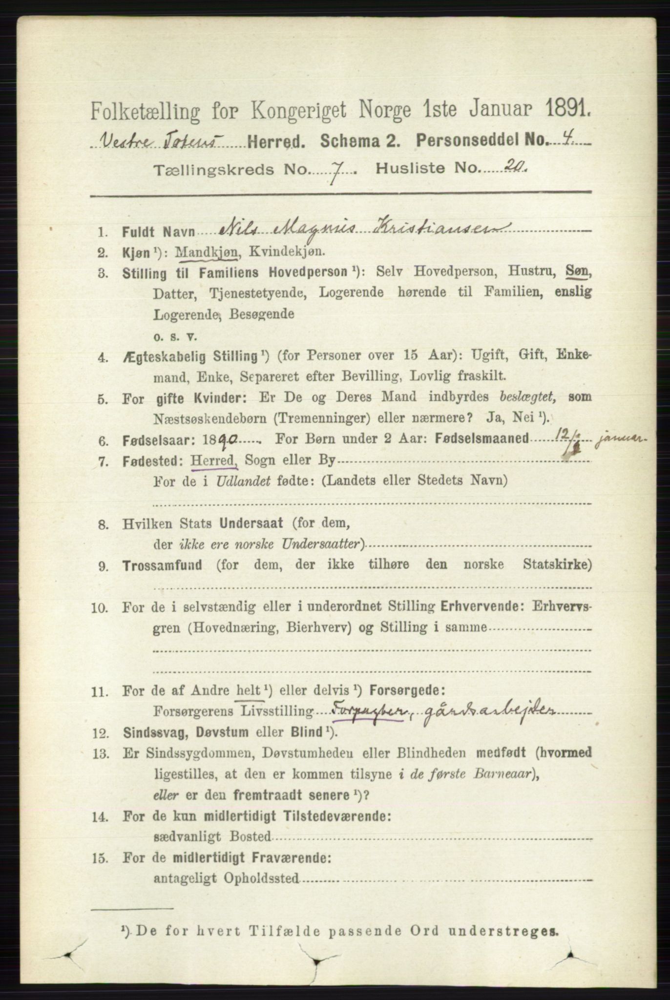 RA, 1891 census for 0529 Vestre Toten, 1891, p. 4496