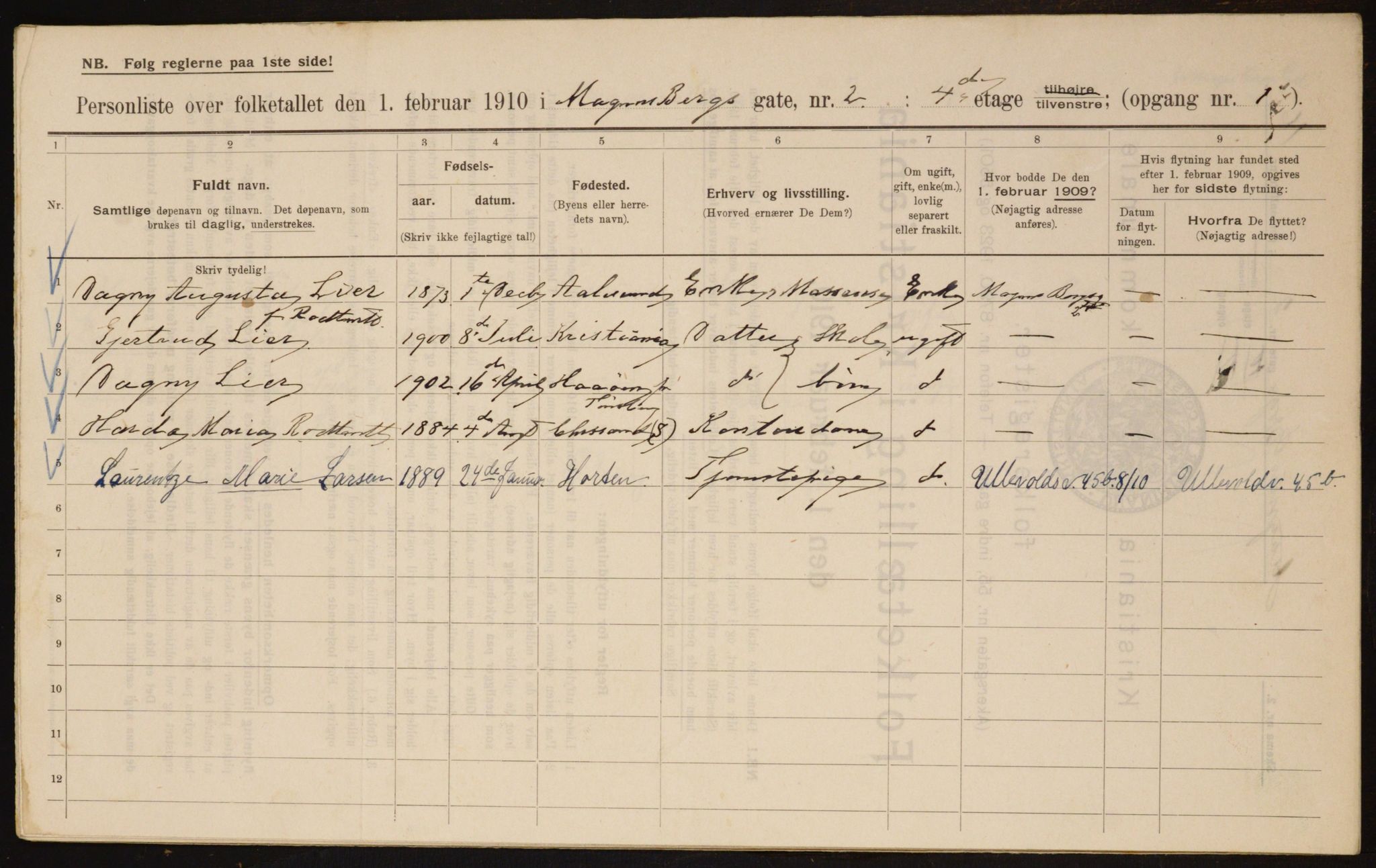 OBA, Municipal Census 1910 for Kristiania, 1910, p. 57045