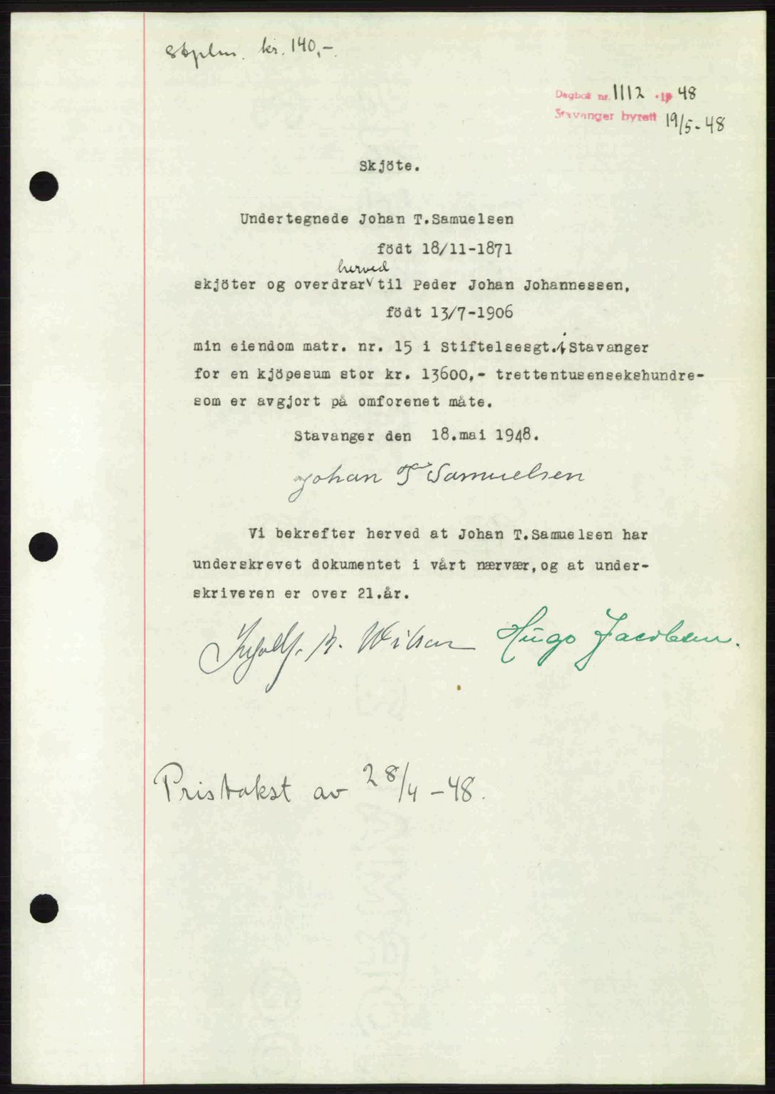 Stavanger byrett, SAST/A-100455/002/G/Gb/L0022: Mortgage book no. A11, 1947-1948, Diary no: : 1112/1948