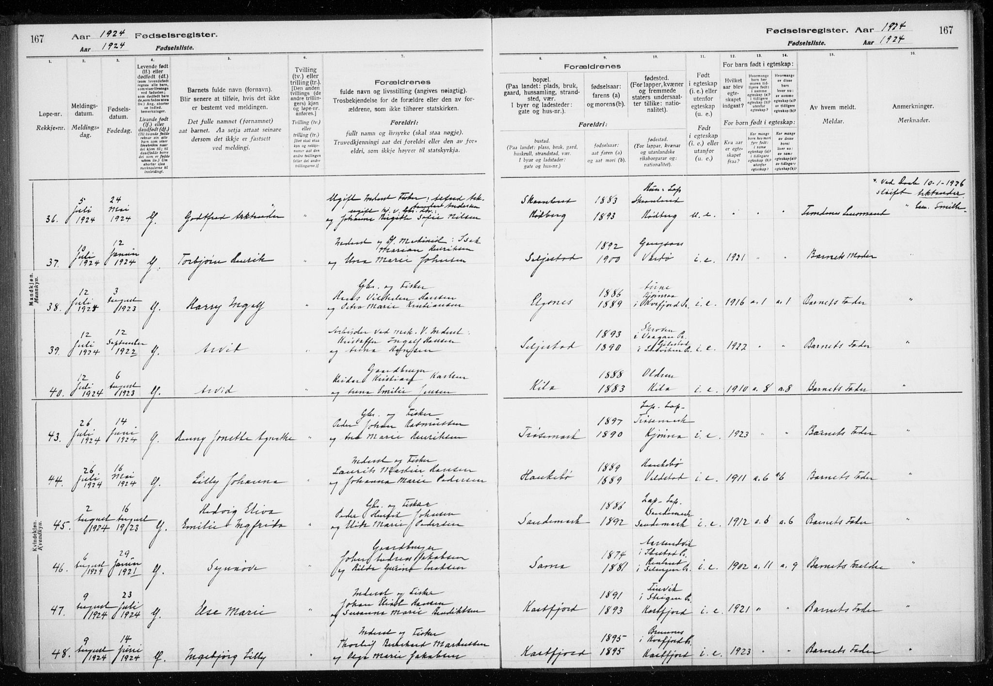 Trondenes sokneprestkontor, SATØ/S-1319/I/Ia/L0089: Birth register no. 89, 1916-1925, p. 167