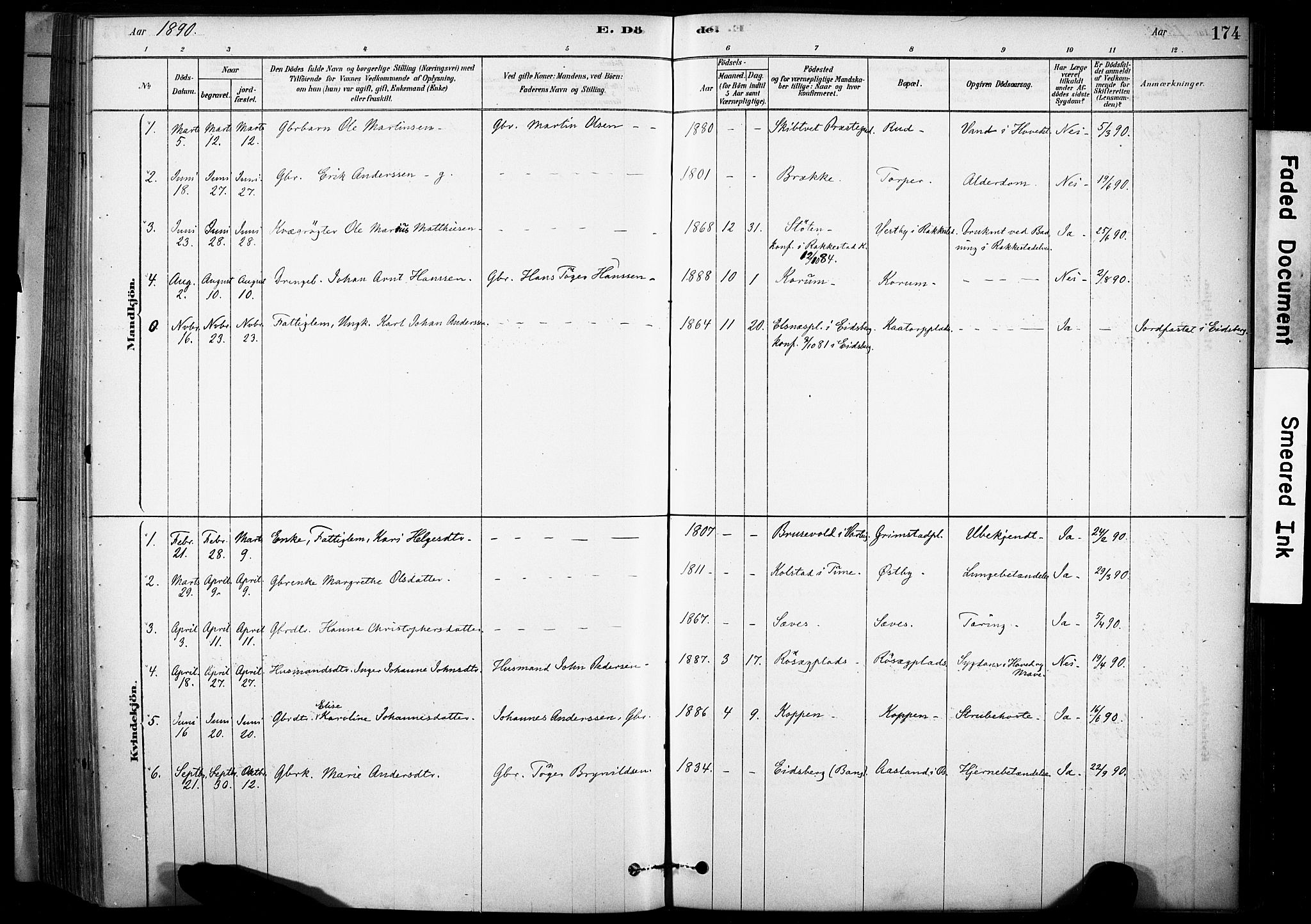 Rakkestad prestekontor Kirkebøker, AV/SAO-A-2008/F/Fc/L0001: Parish register (official) no. III 1, 1878-1905, p. 174