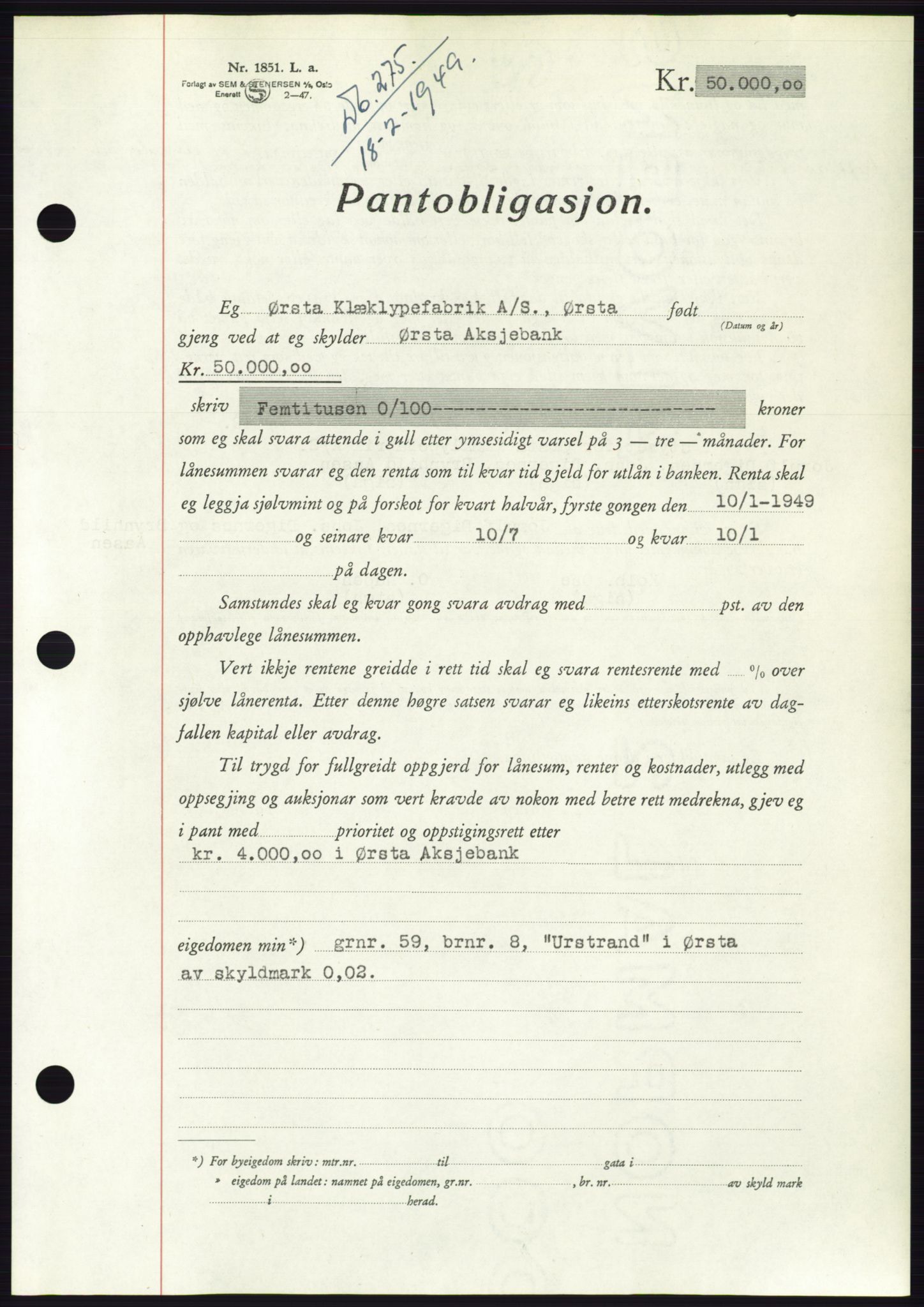 Søre Sunnmøre sorenskriveri, AV/SAT-A-4122/1/2/2C/L0116: Mortgage book no. 4B, 1948-1949, Diary no: : 275/1949