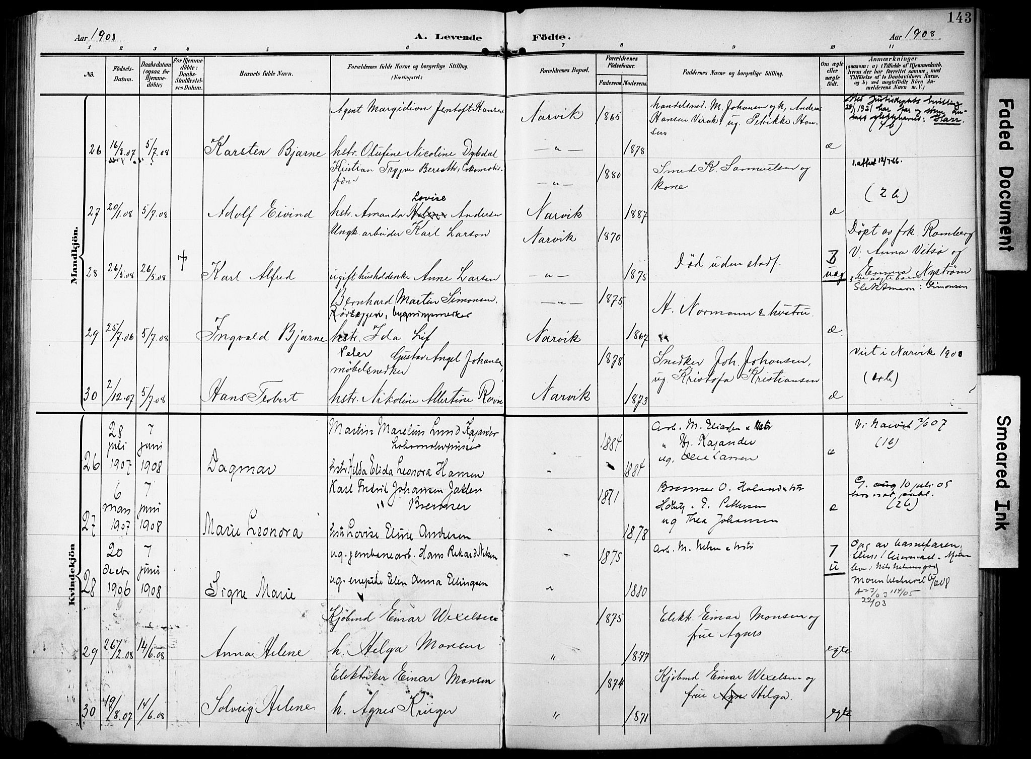 Ministerialprotokoller, klokkerbøker og fødselsregistre - Nordland, SAT/A-1459/871/L0994: Parish register (official) no. 871A10, 1902-1910, p. 143