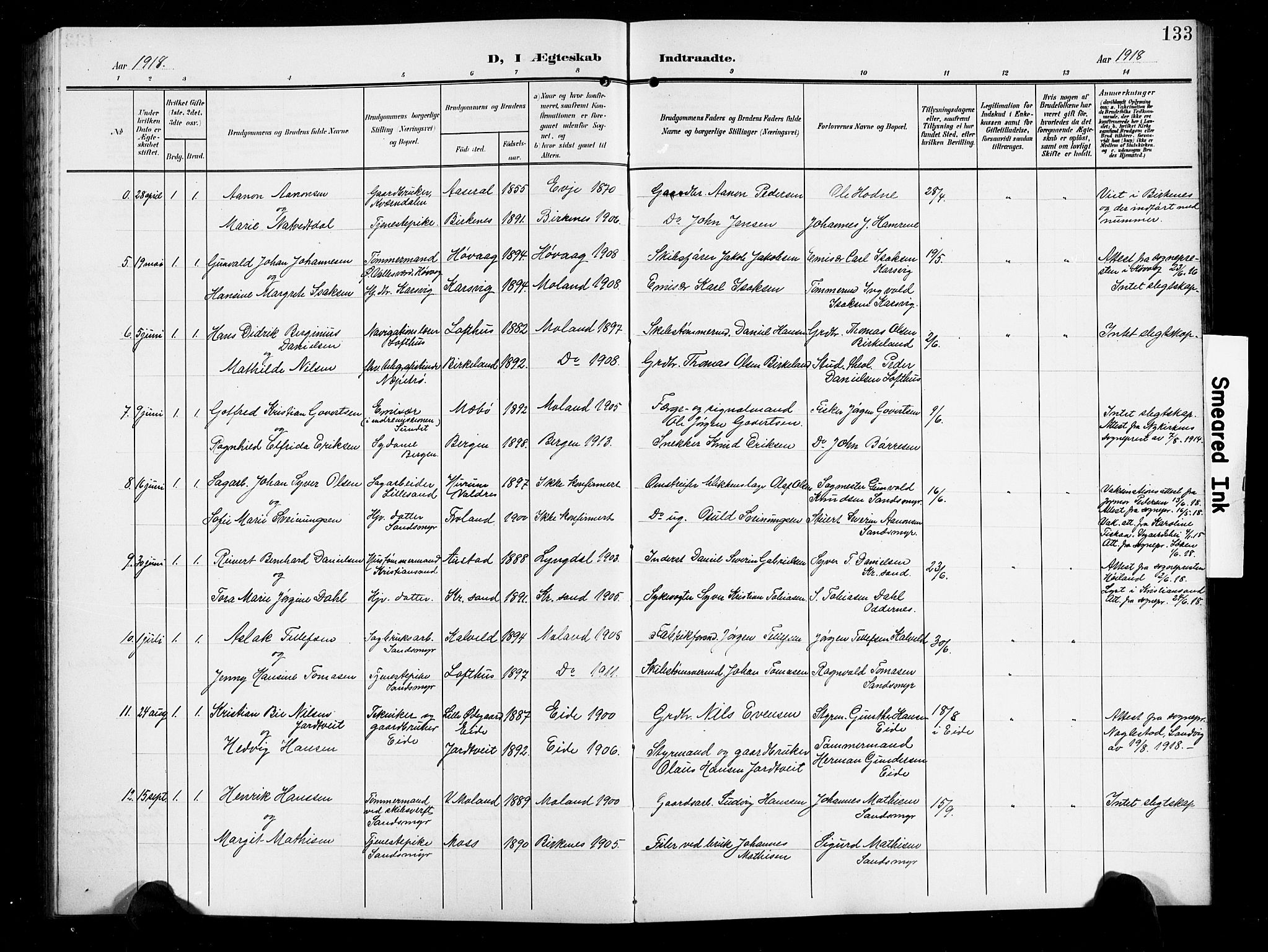 Vestre Moland sokneprestkontor, SAK/1111-0046/F/Fb/Fbb/L0007: Parish register (copy) no. B 7, 1906-1929, p. 133