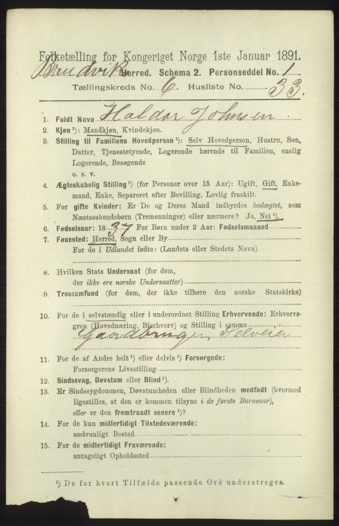 RA, 1891 census for 1251 Bruvik, 1891, p. 2001