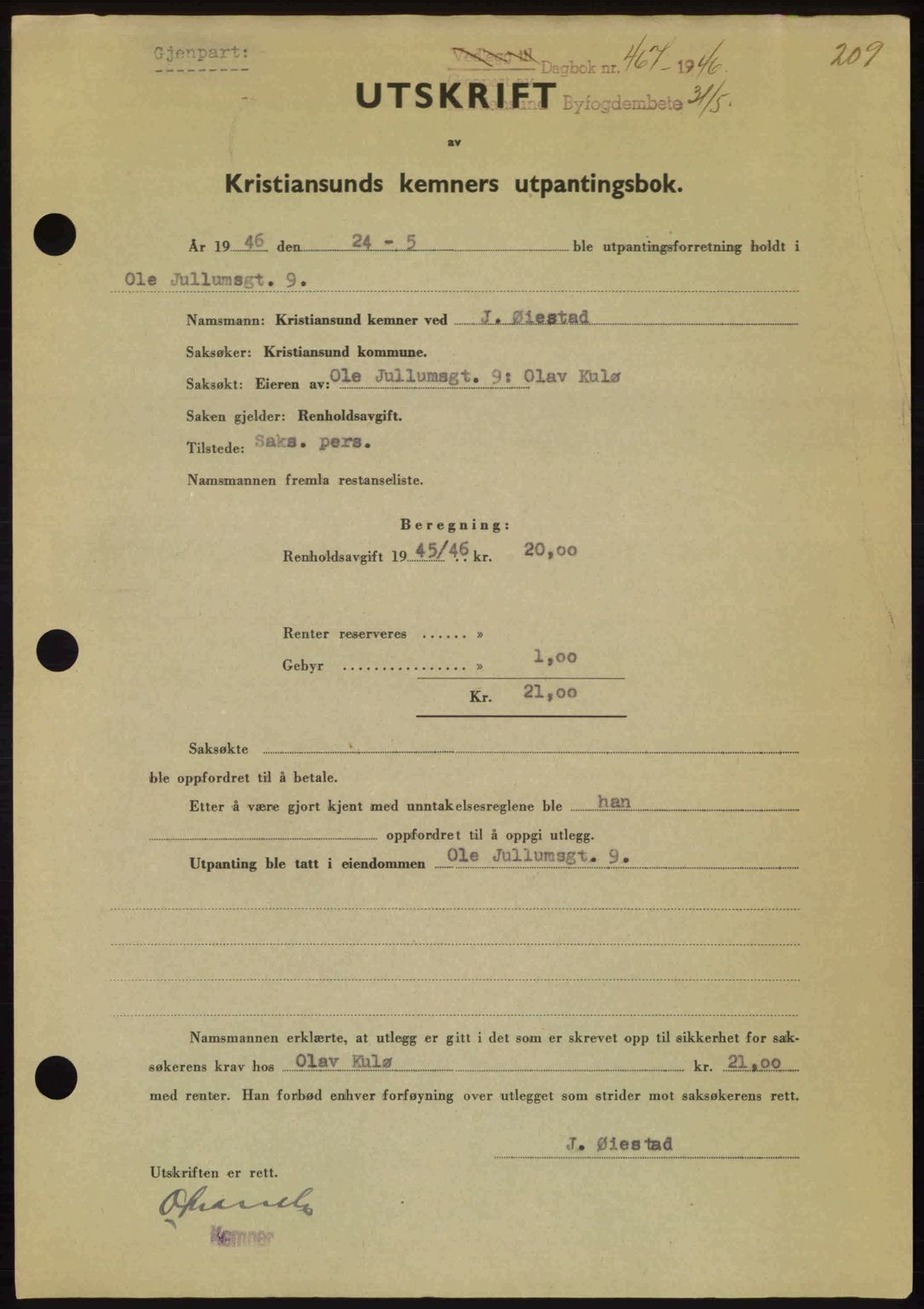 Kristiansund byfogd, AV/SAT-A-4587/A/27: Mortgage book no. 40, 1946-1946, Diary no: : 467/1946