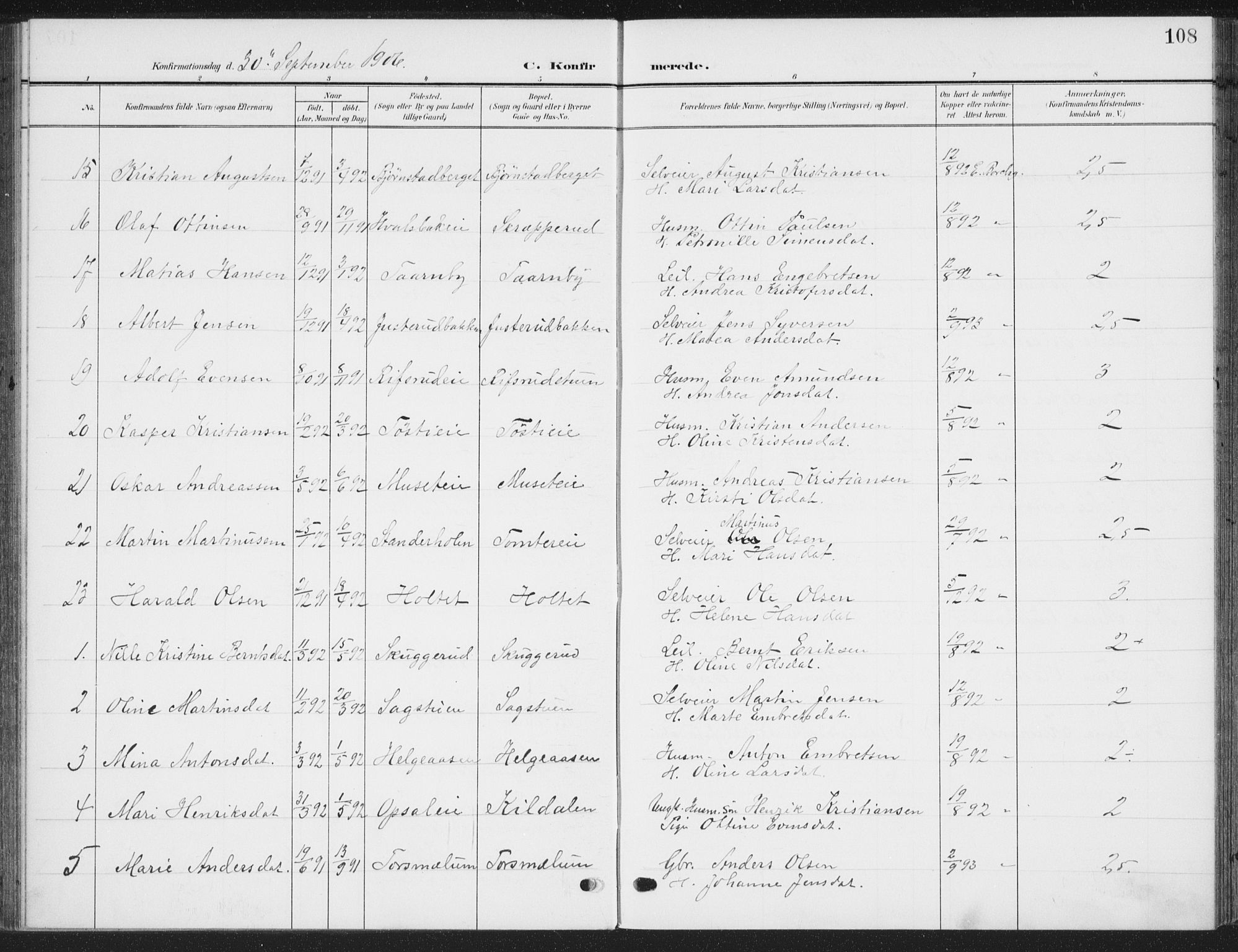 Romedal prestekontor, AV/SAH-PREST-004/K/L0009: Parish register (official) no. 9, 1906-1929, p. 108
